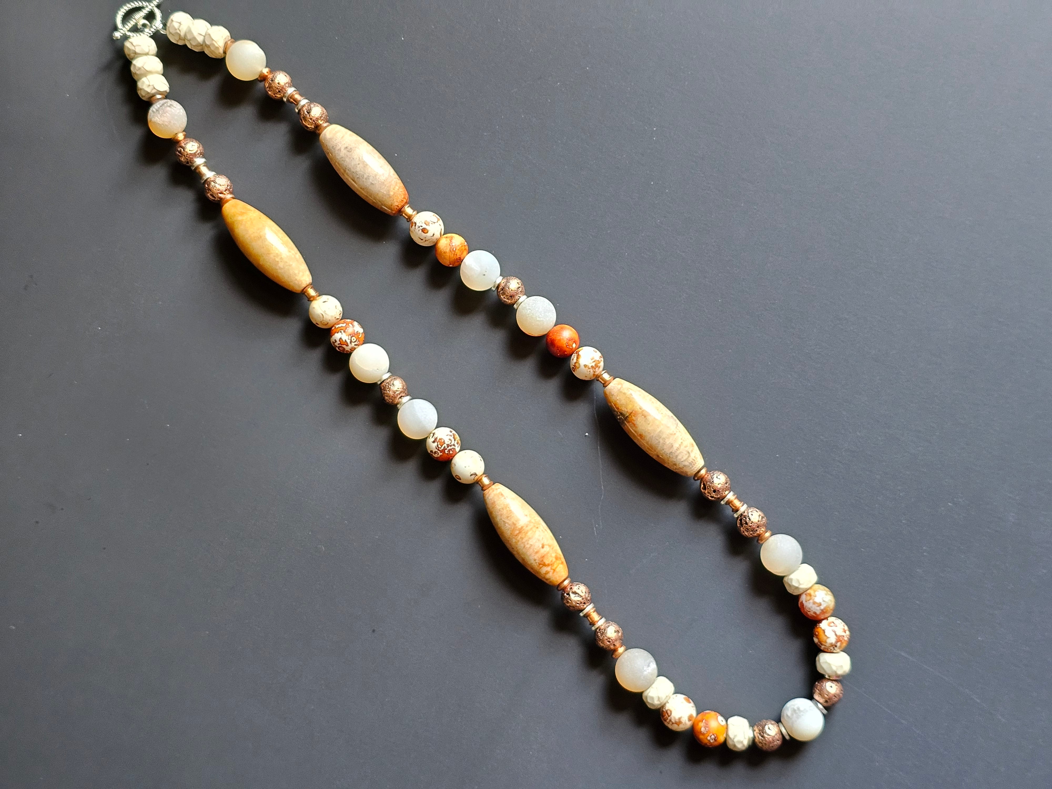 Matte Spiderweb Jasper, Ivory Howlite, & Sunstone ft. Peach Druzy & Rose Gold-toned Lava Rock