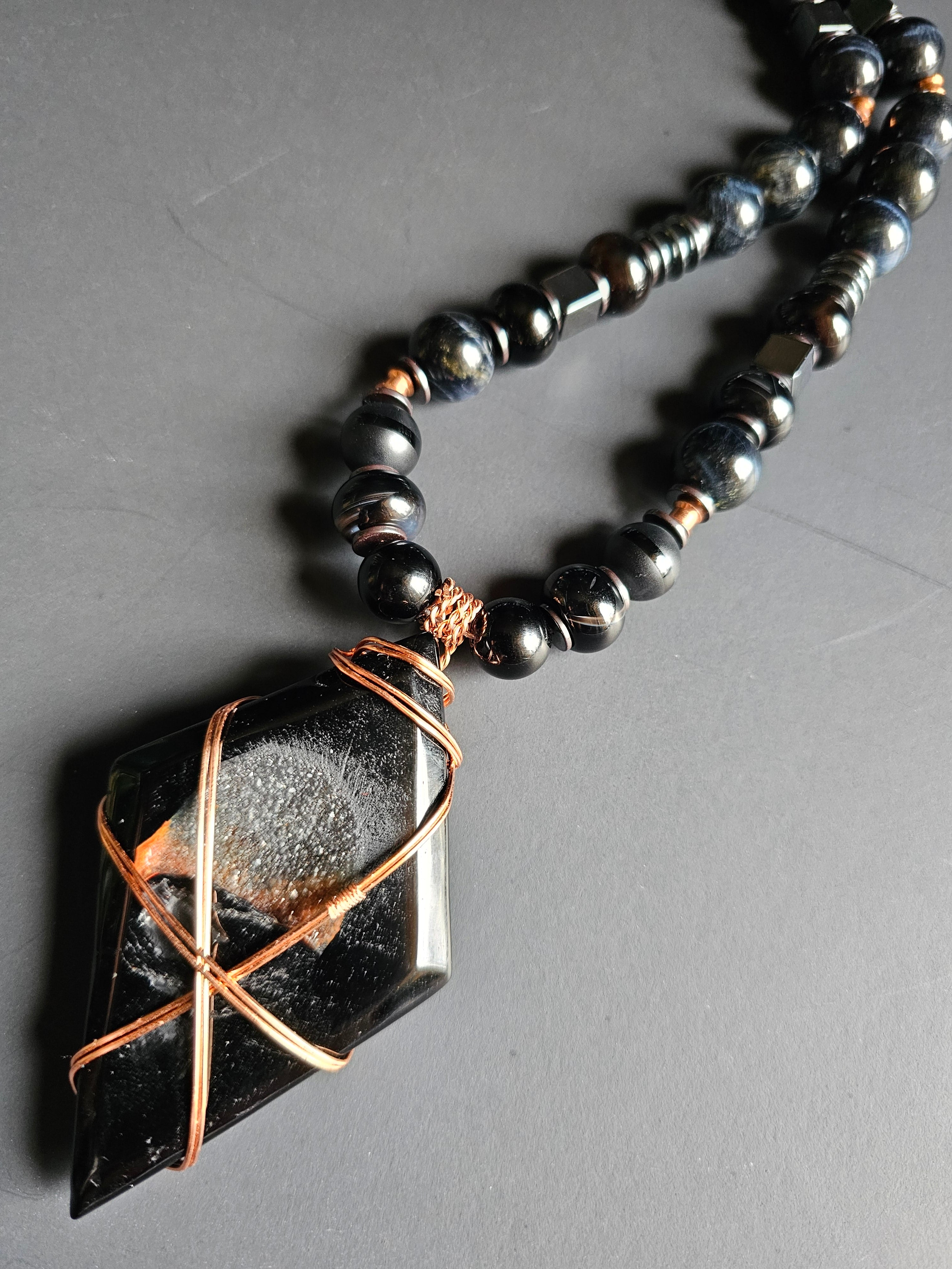 Falcon's Eye, Matte Onyx, Banded Agate, ft. Copper-wrapped Black Agate Druzy Pendant