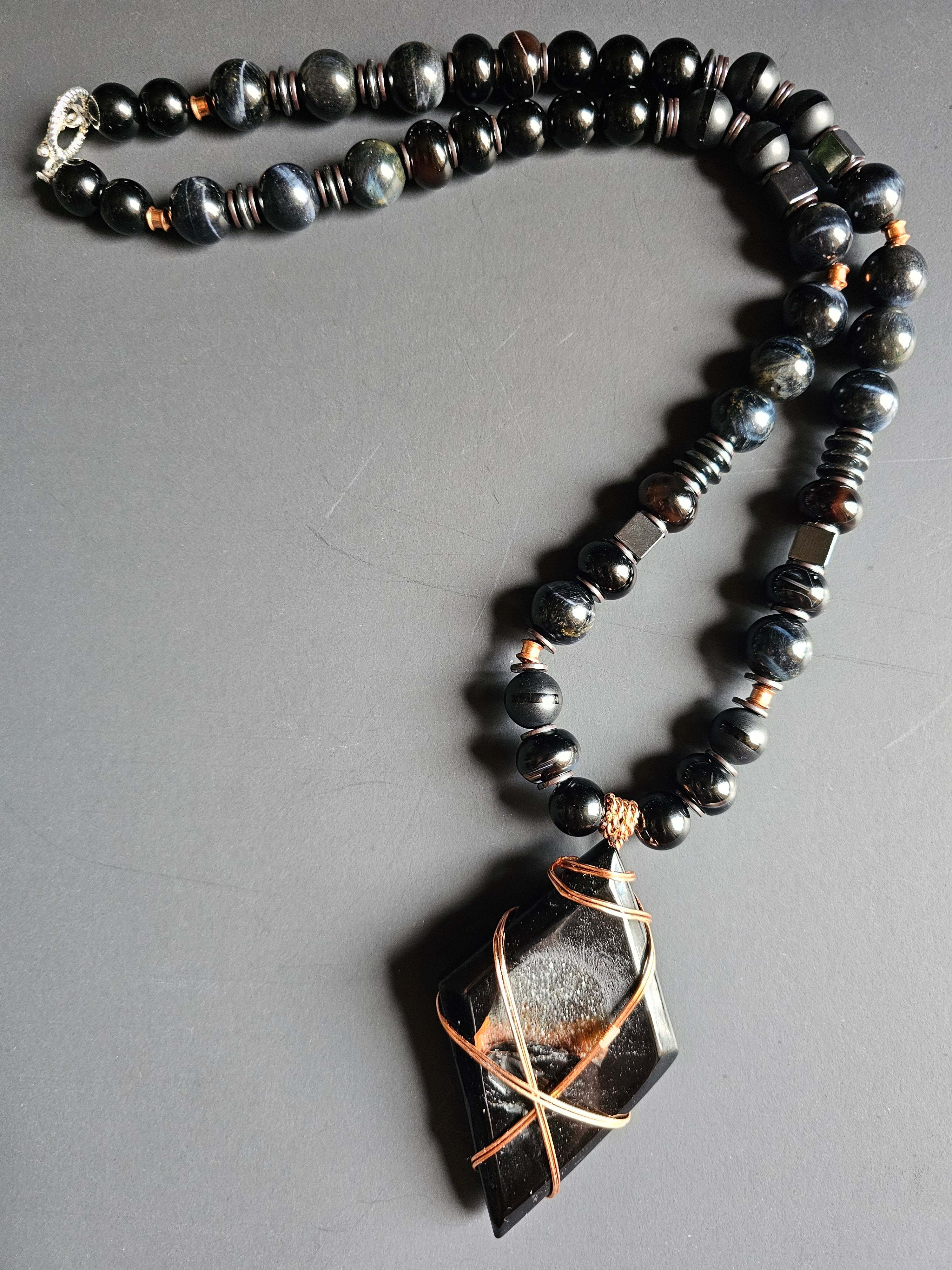 Falcon's Eye, Matte Onyx, Banded Agate, ft. Copper-wrapped Black Agate Druzy Pendant