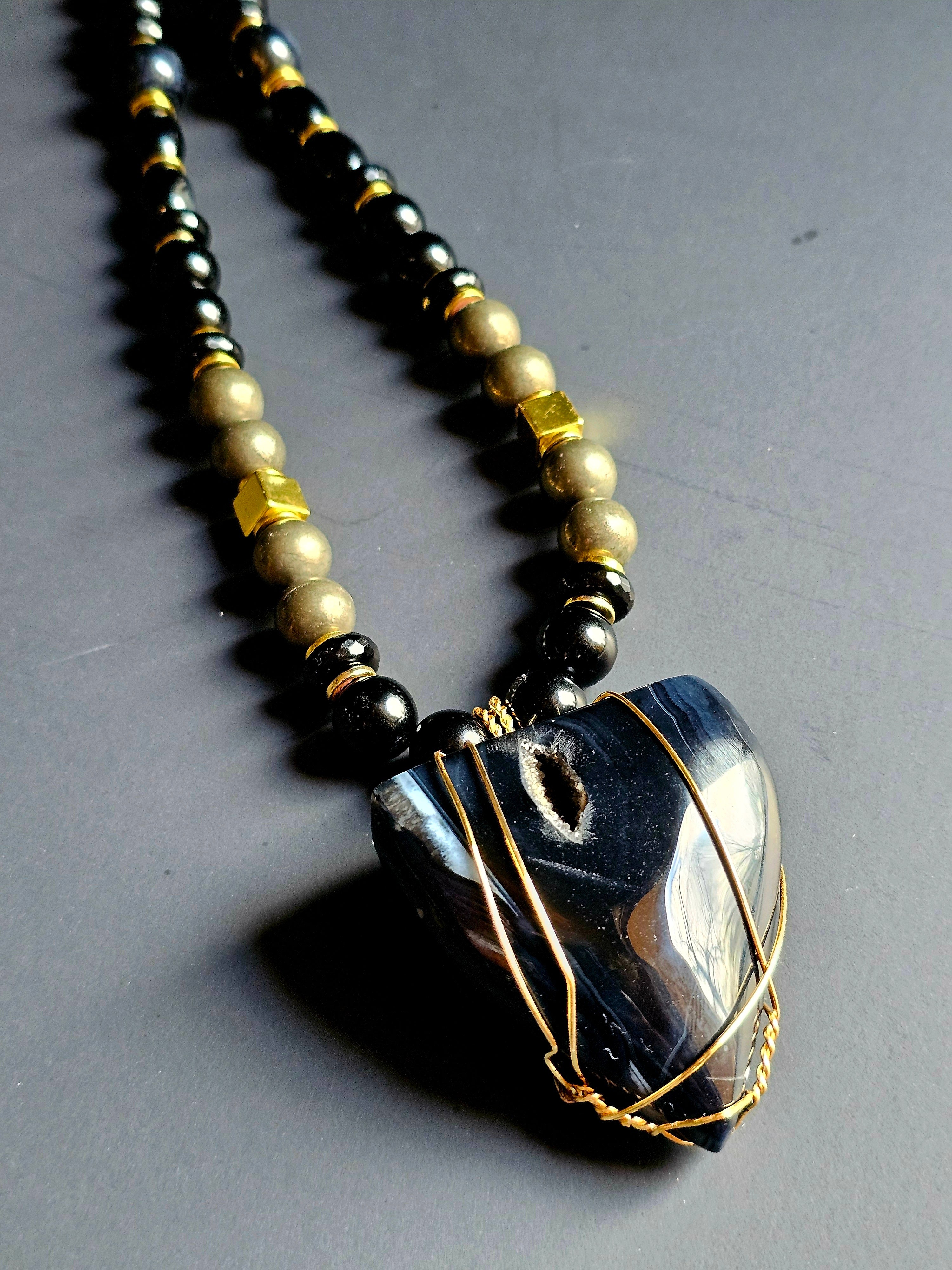 Onyx, Banded Agate, & Falcon's Eye ft. Pyrite & Copper-wrapped Onyx Pendant
