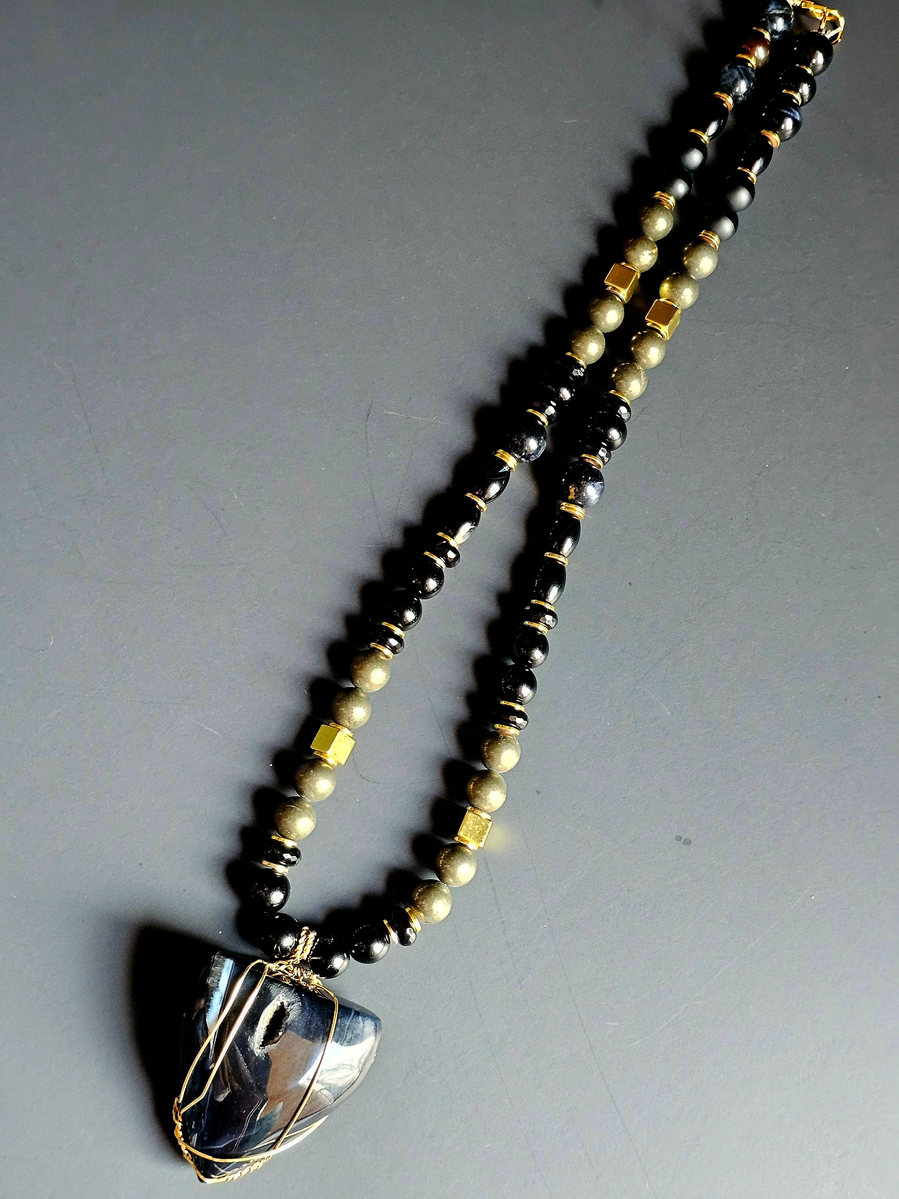 Onyx, Banded Agate, & Falcon's Eye ft. Pyrite & Copper-wrapped Onyx Pendant