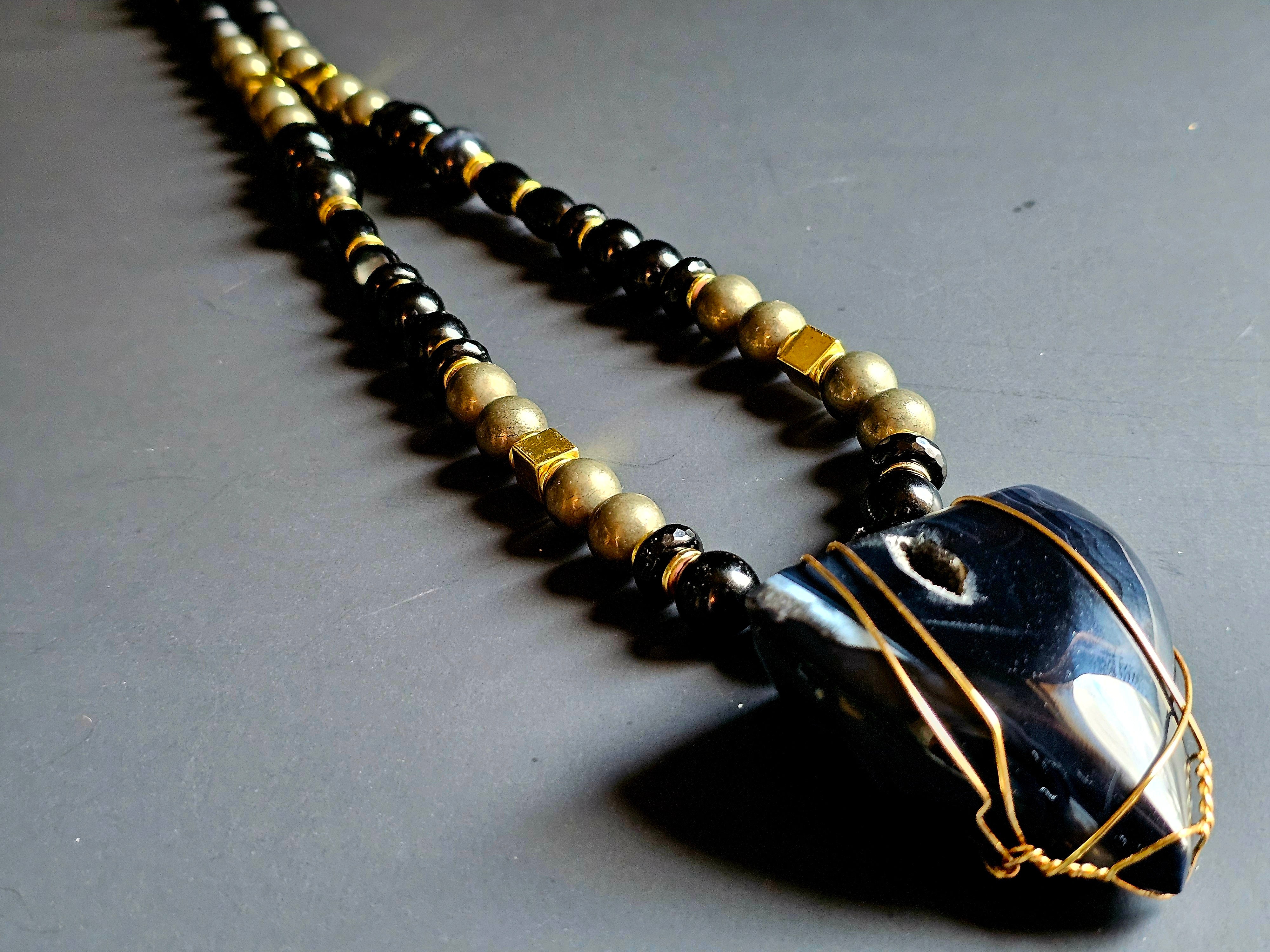 Onyx, Banded Agate, & Falcon's Eye ft. Pyrite & Copper-wrapped Onyx Pendant