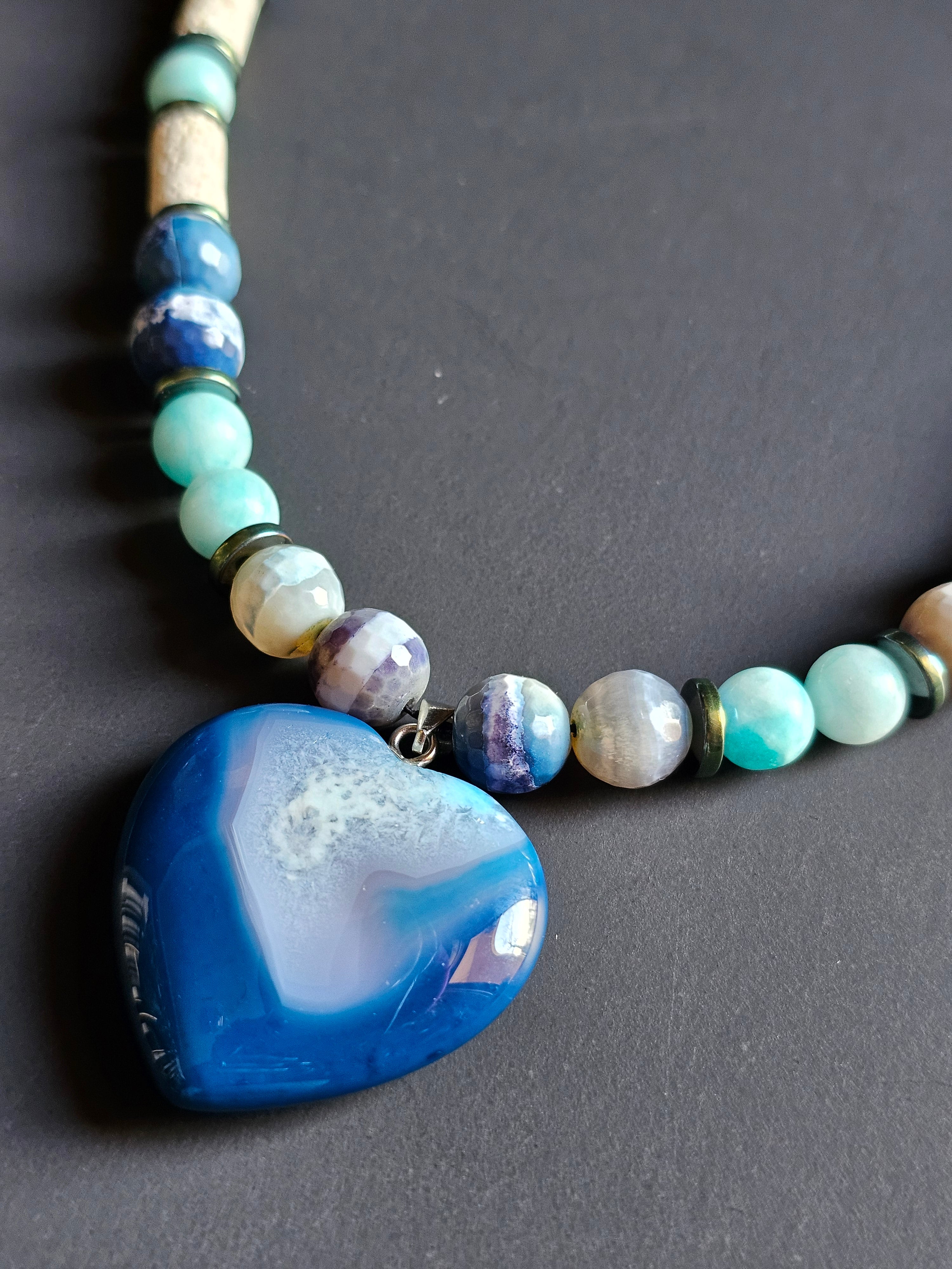 Blue Agate, Blue Quartz & White Lava Rock ft. Agate Heart Pendant