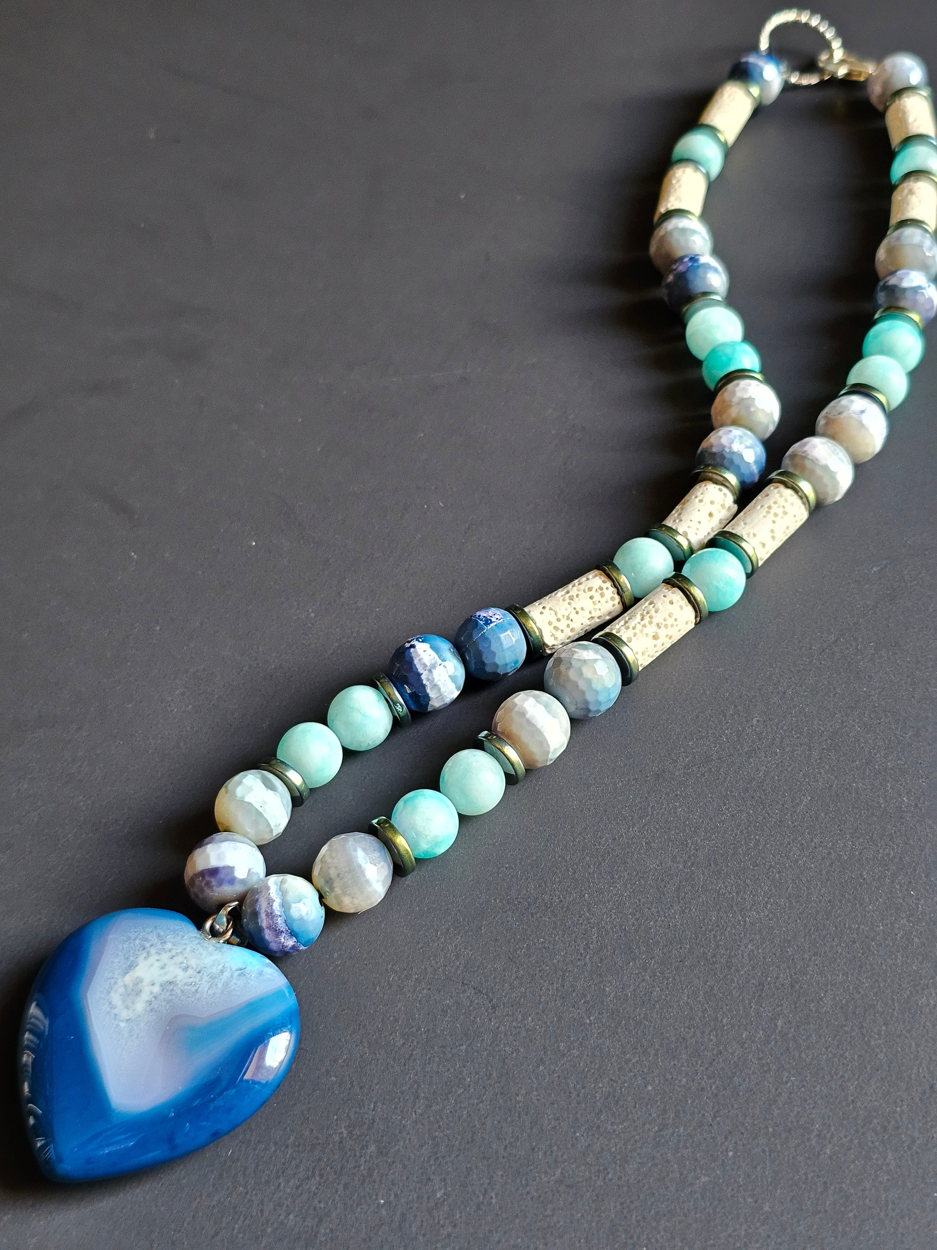 Blue Agate, Blue Quartz & White Lava Rock ft. Agate Heart Pendant