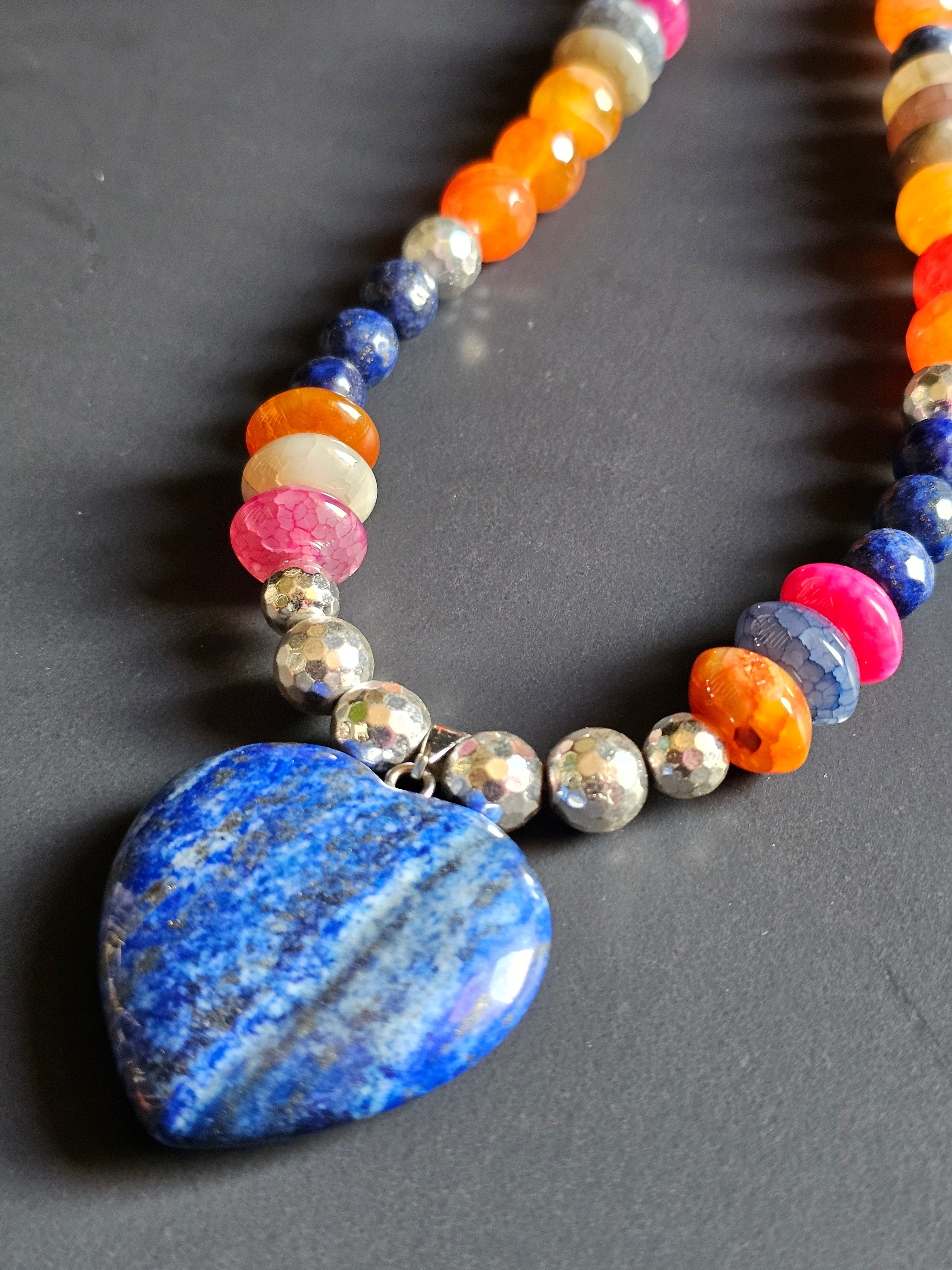 Multi-Colored Crackle Quartz, Faceted Lapis Lazuli & Hematite ft. Lapis Lazuli Heart Pendant