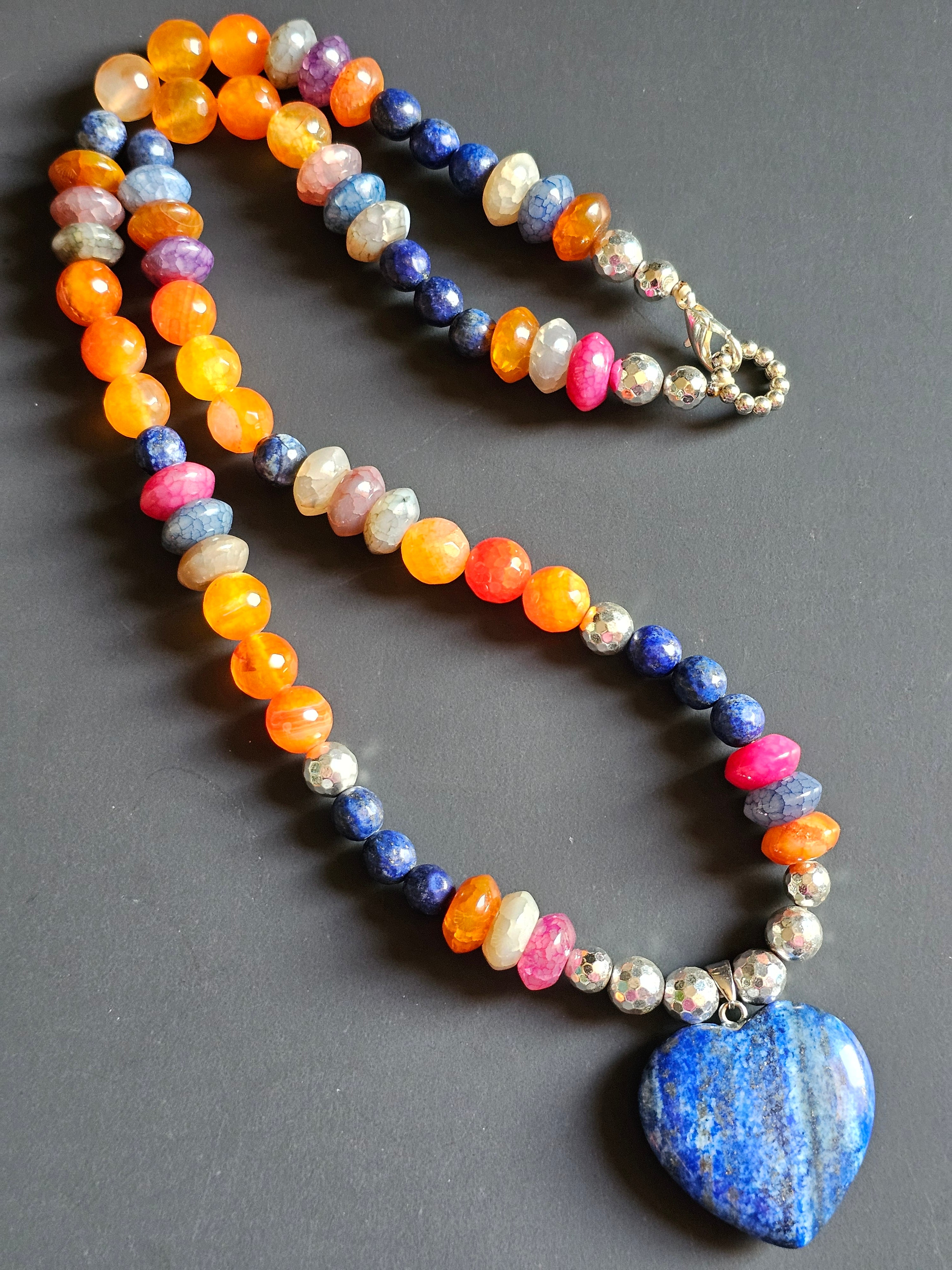 Multi-Colored Crackle Quartz, Faceted Lapis Lazuli & Hematite ft. Lapis Lazuli Heart Pendant