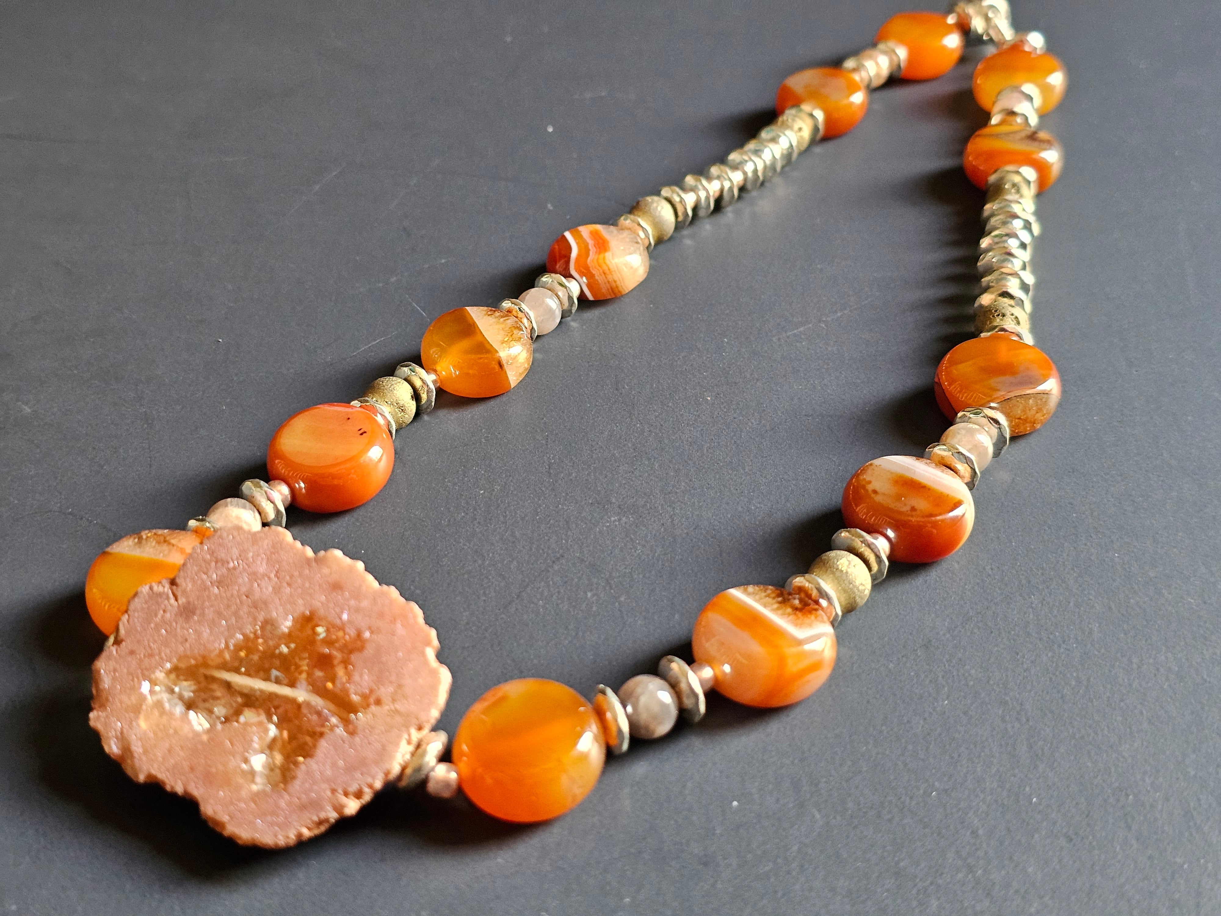 Carnelian & Peach Moonstone ft. Druzy Pendant