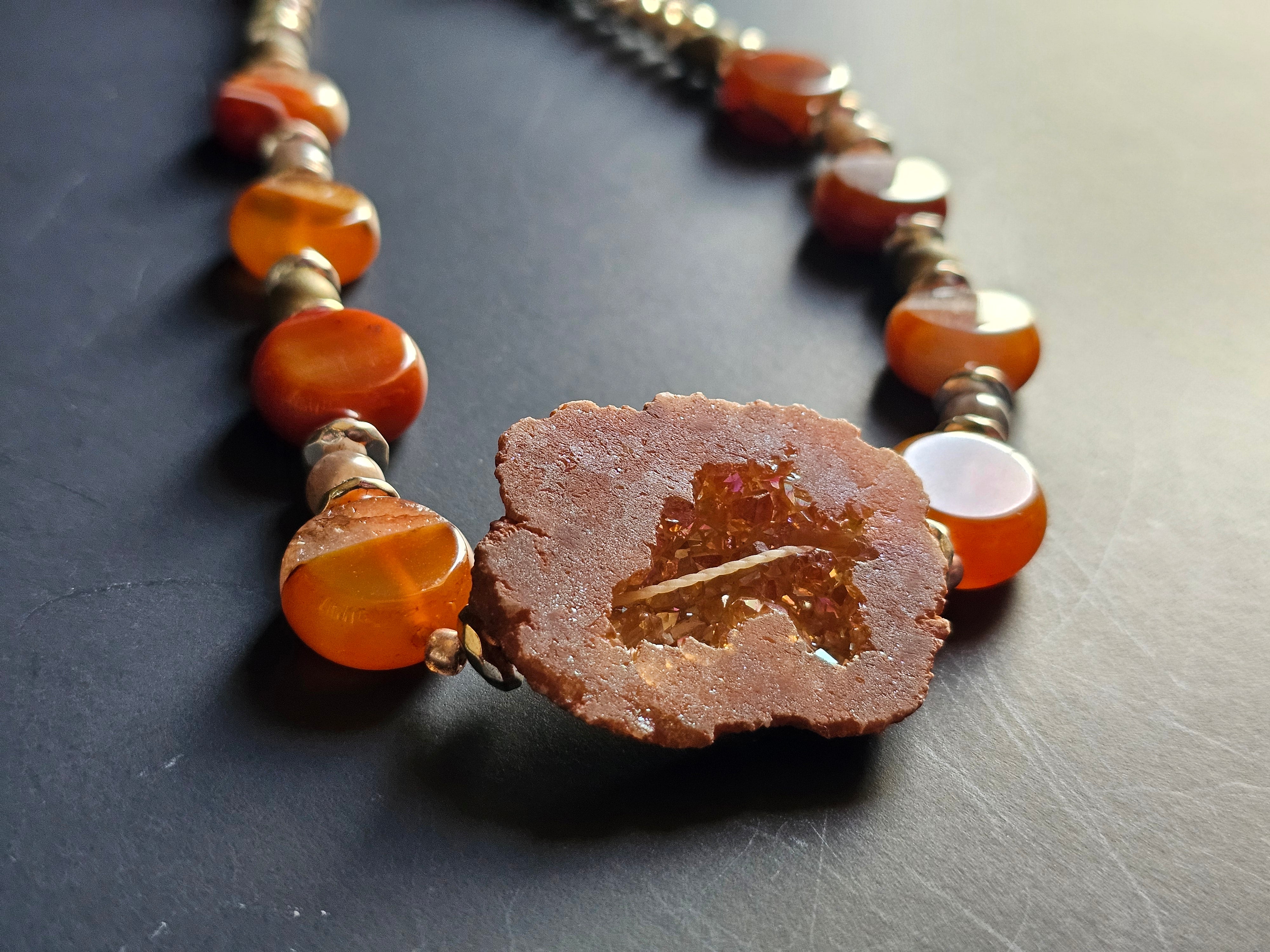 Carnelian & Peach Moonstone ft. Druzy Pendant