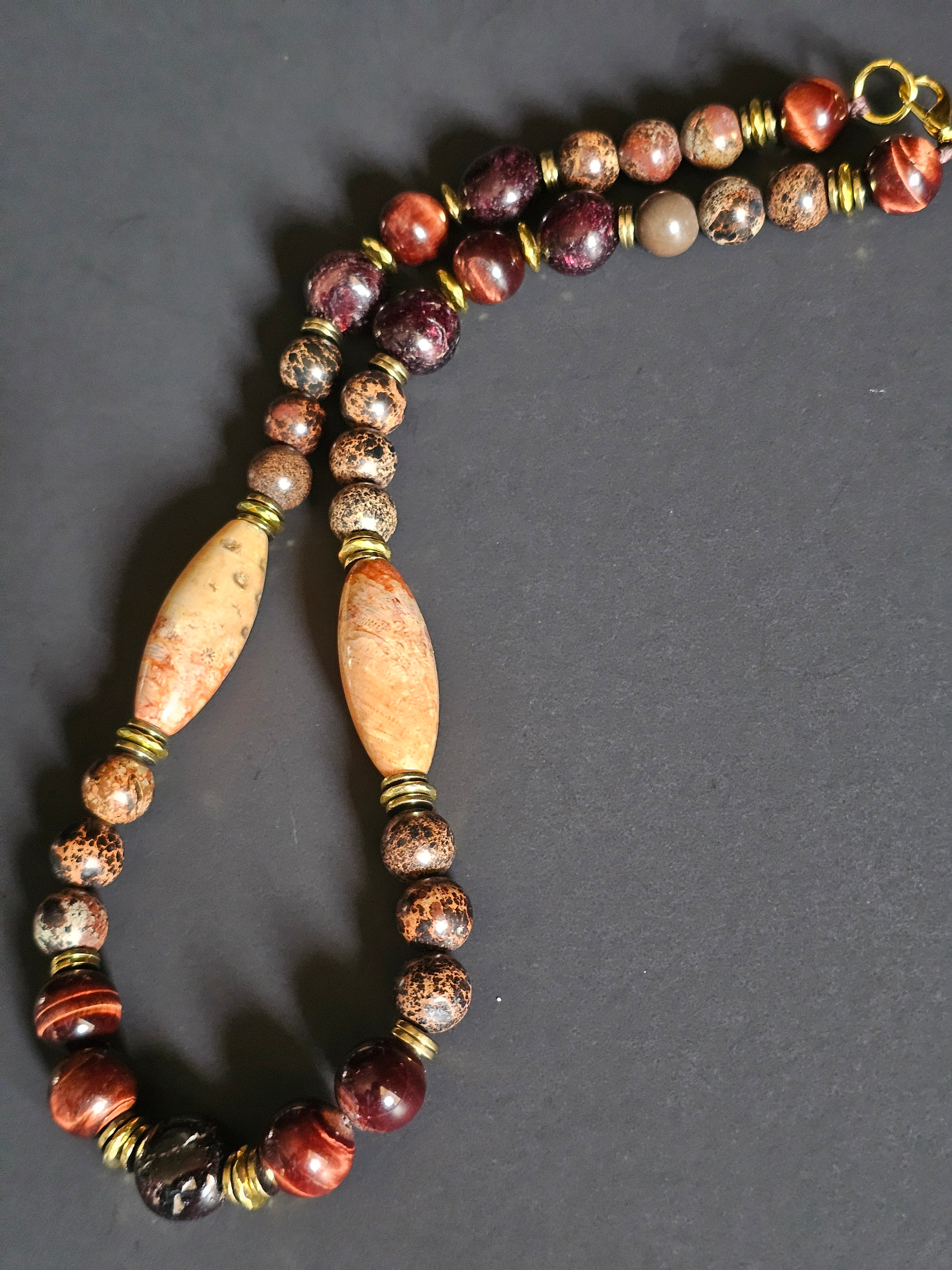 Garnet, Red Tigers Eye, & Brown Sea Sediment ft. Fossilized Coral & Gold Hematite