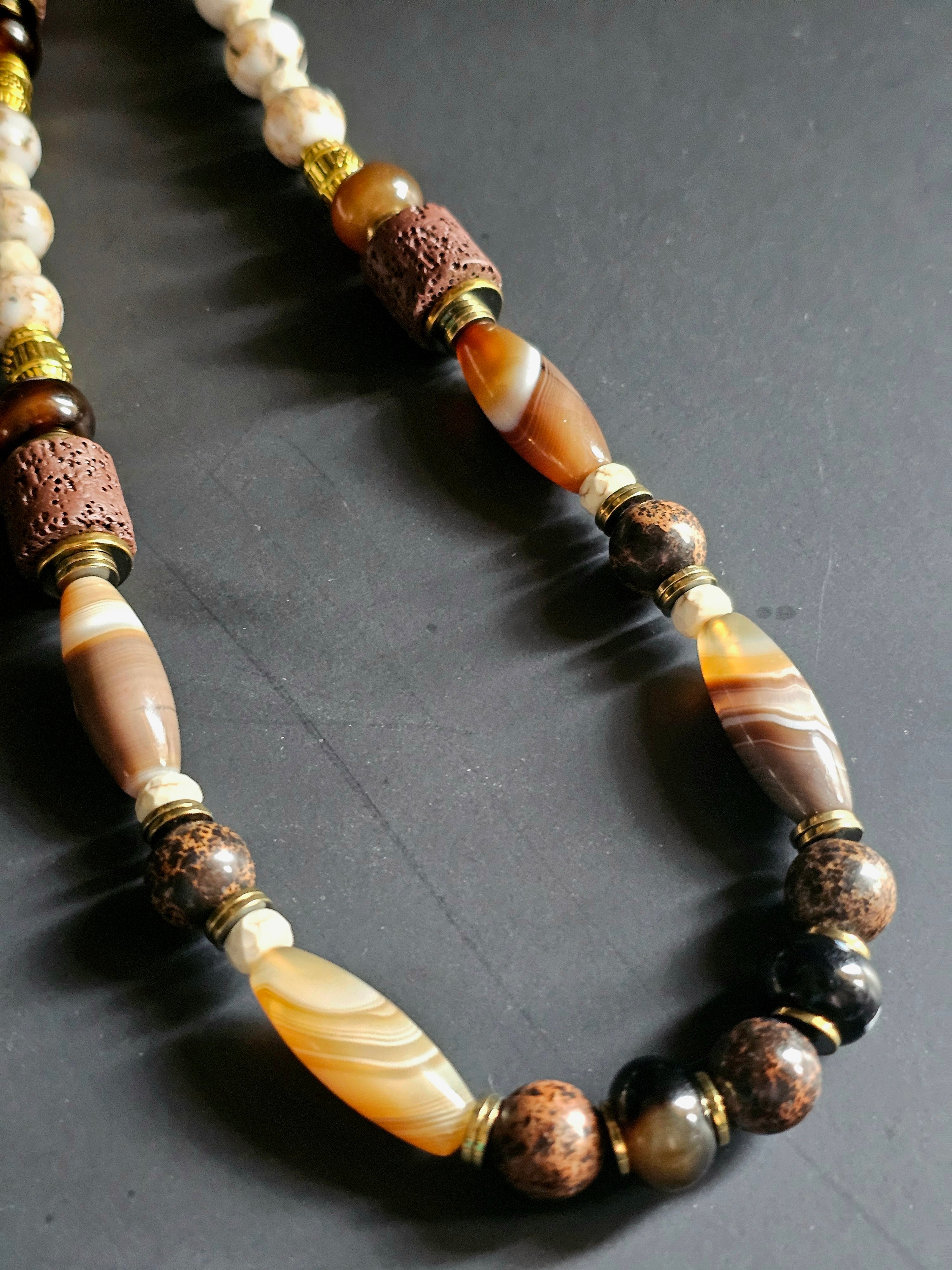 Brown Sea Sediment, Black Agate, & White Reconstructed Shell ft. Brown Lava Rock & Banded Agate