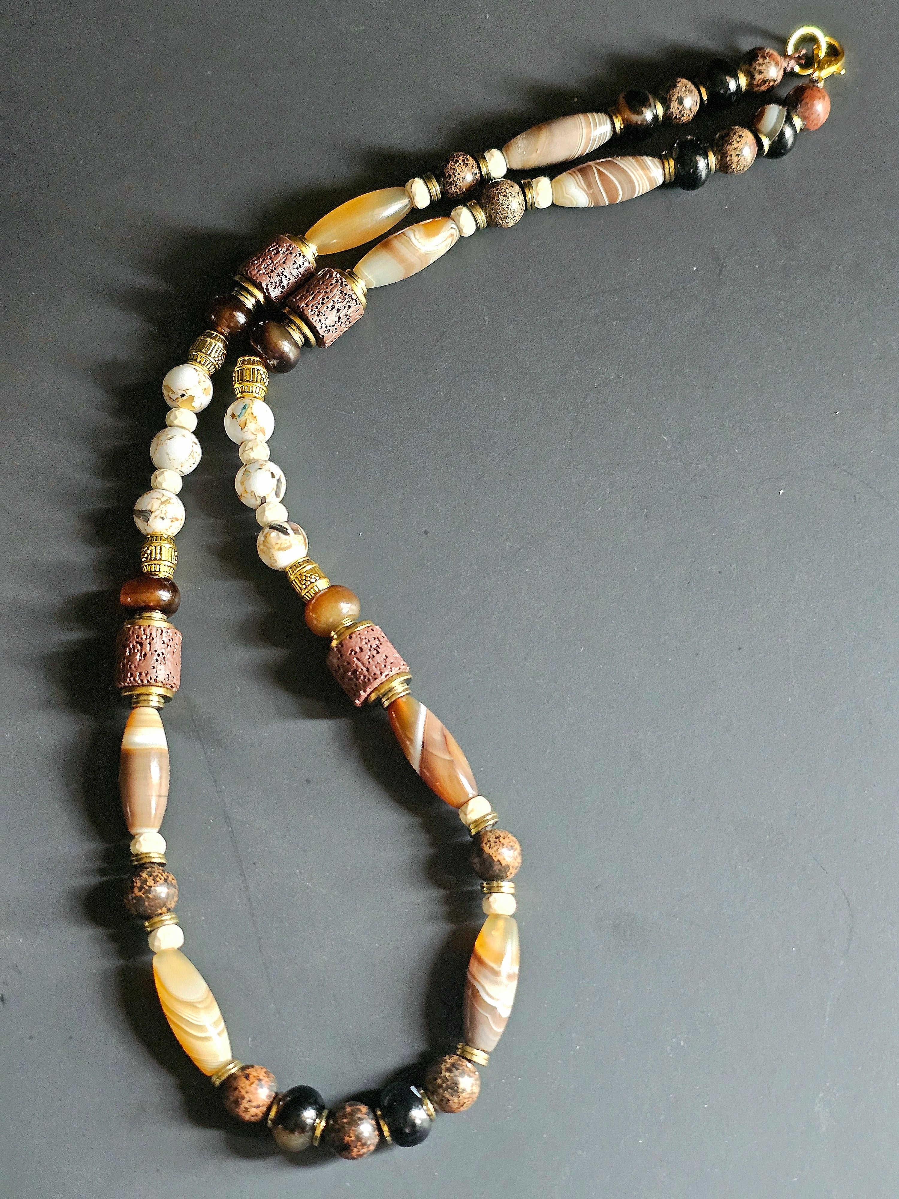 Brown Sea Sediment, Black Agate, & White Reconstructed Shell ft. Brown Lava Rock & Banded Agate