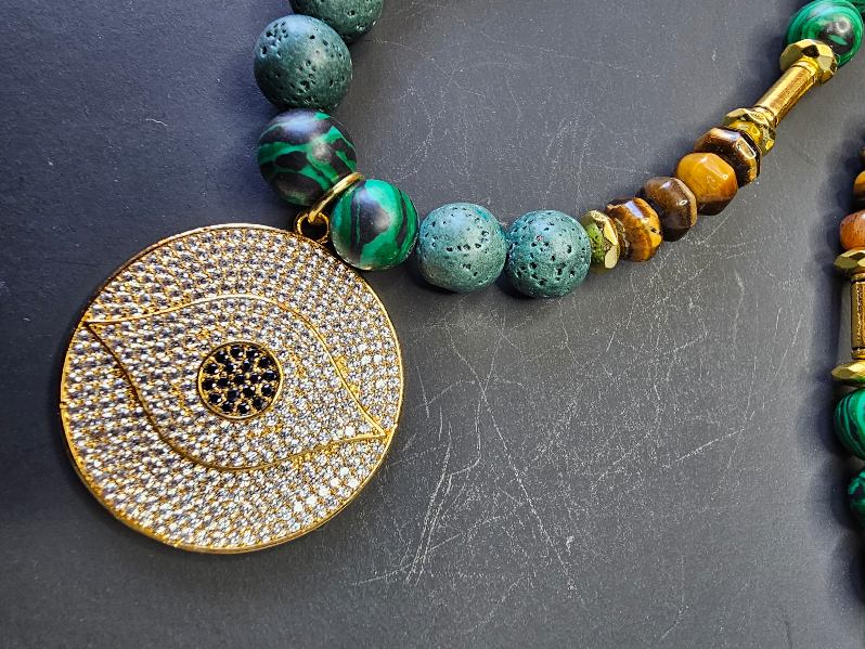 Malachite, Green Lava Rock, Tigers Eye, & Hematite ft. Nazar Pendant