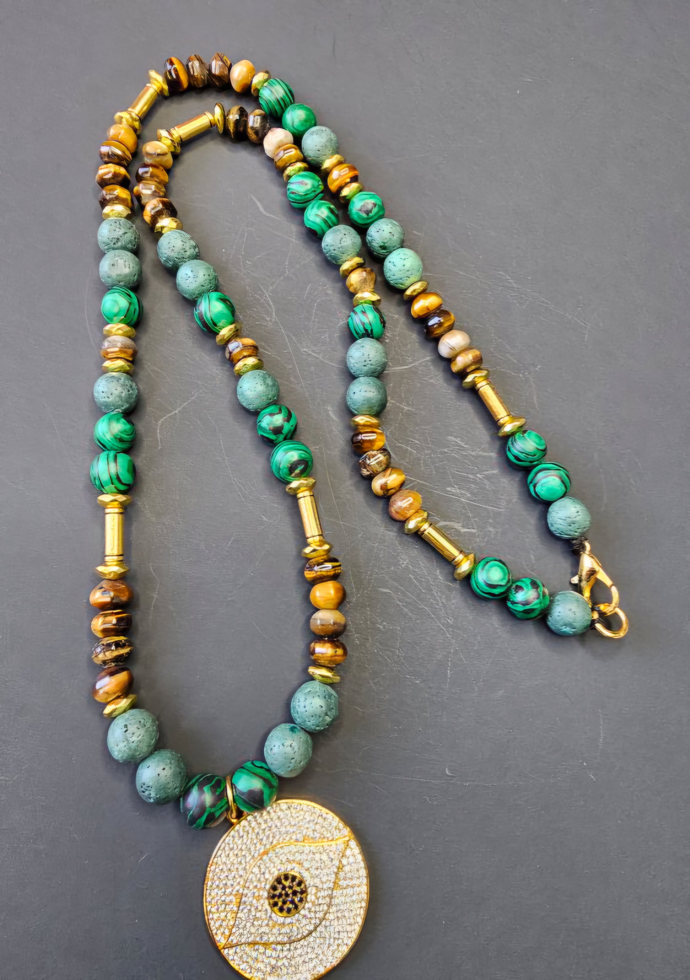 Malachite, Green Lava Rock, Tigers Eye, & Hematite ft. Nazar Pendant