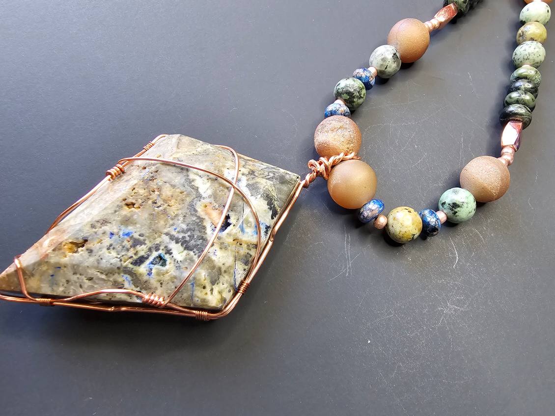 African Turquoise, Kambaba Jasper, Jasper, & Peach Druzy ft. Rainforest Rhyolite Pendant