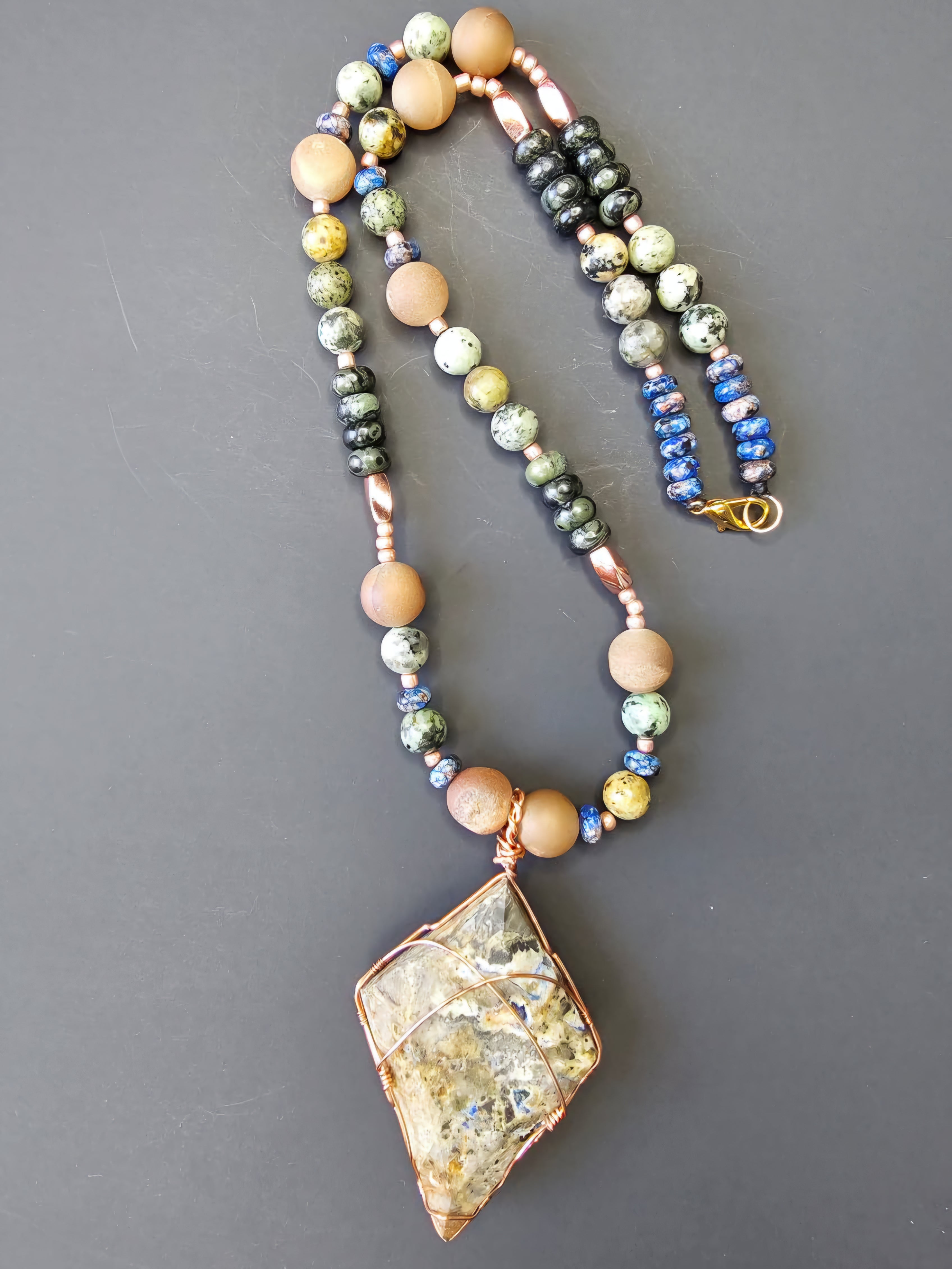African Turquoise, Kambaba Jasper, Jasper, & Peach Druzy ft. Rainforest Rhyolite Pendant
