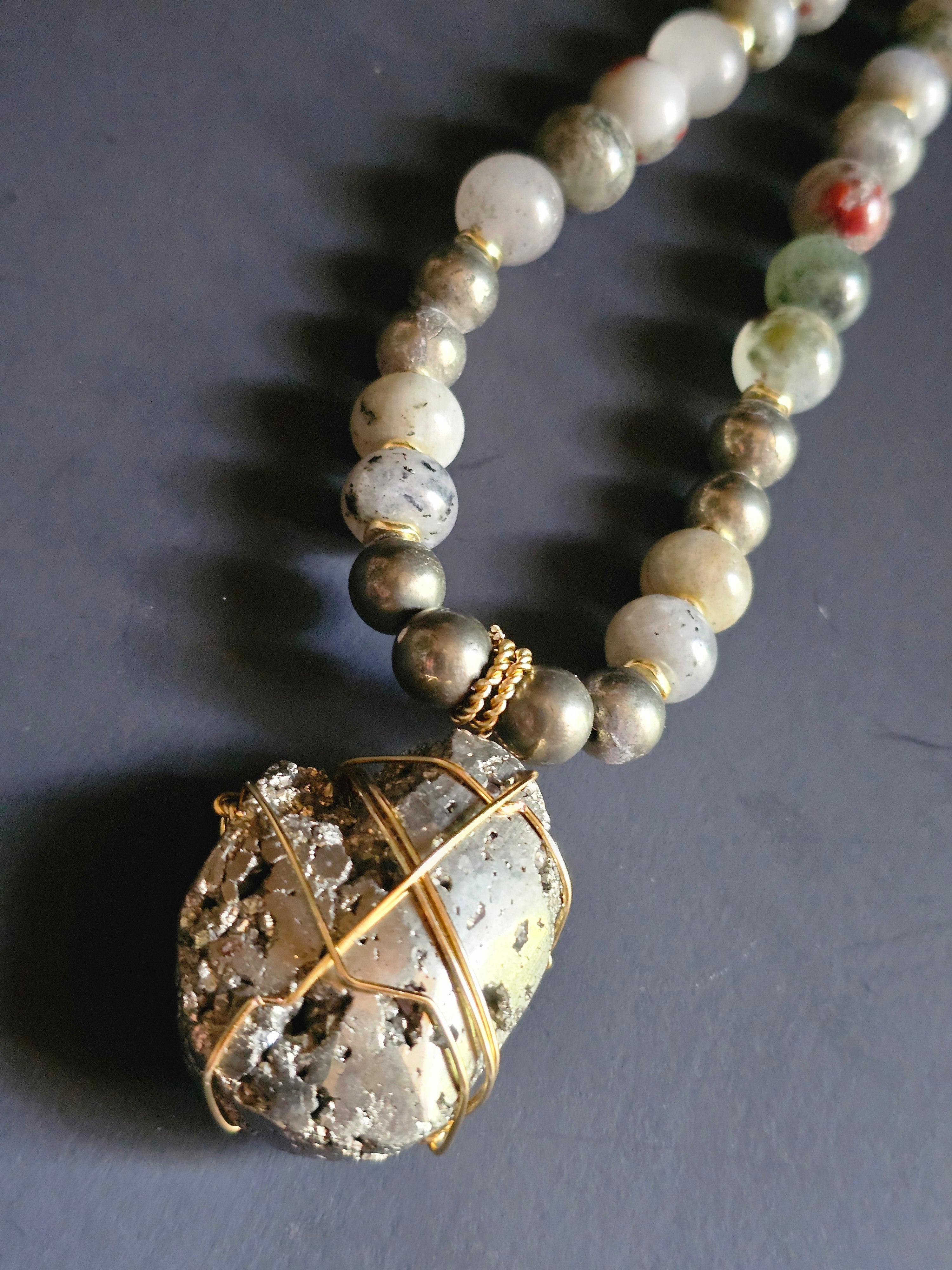Bloodstone ft. Labradorite, Pyrite, & Copper-wrapped Pyrite Pendant