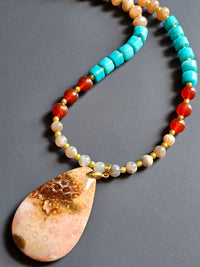 Peach Moonstone, Carnelian & Blue Quartz ft. Fossilized Coral Pendant
