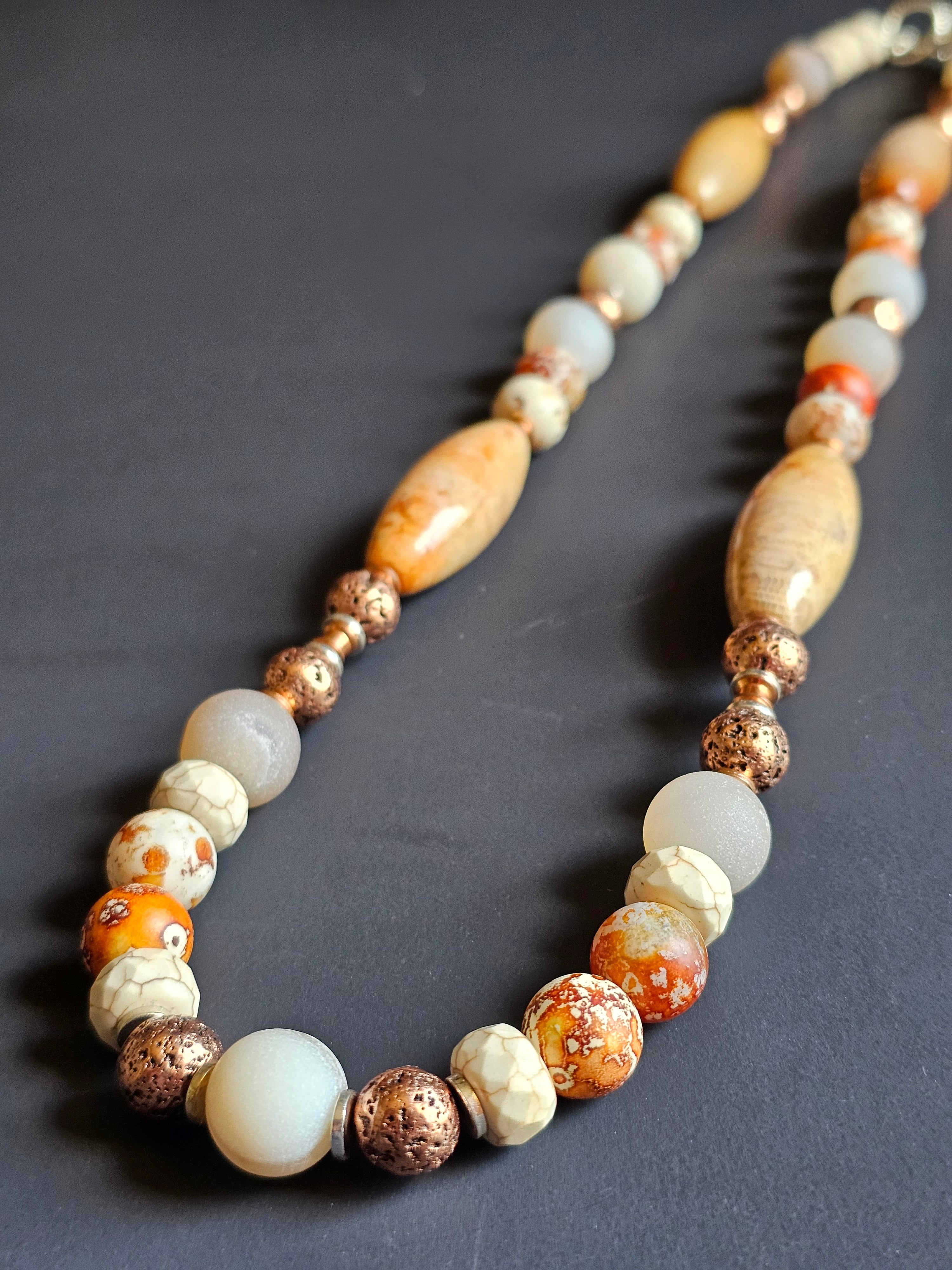 Matte Spiderweb Jasper, Ivory Howlite, & Sunstone ft. Peach Druzy & Rose Gold-toned Lava Rock
