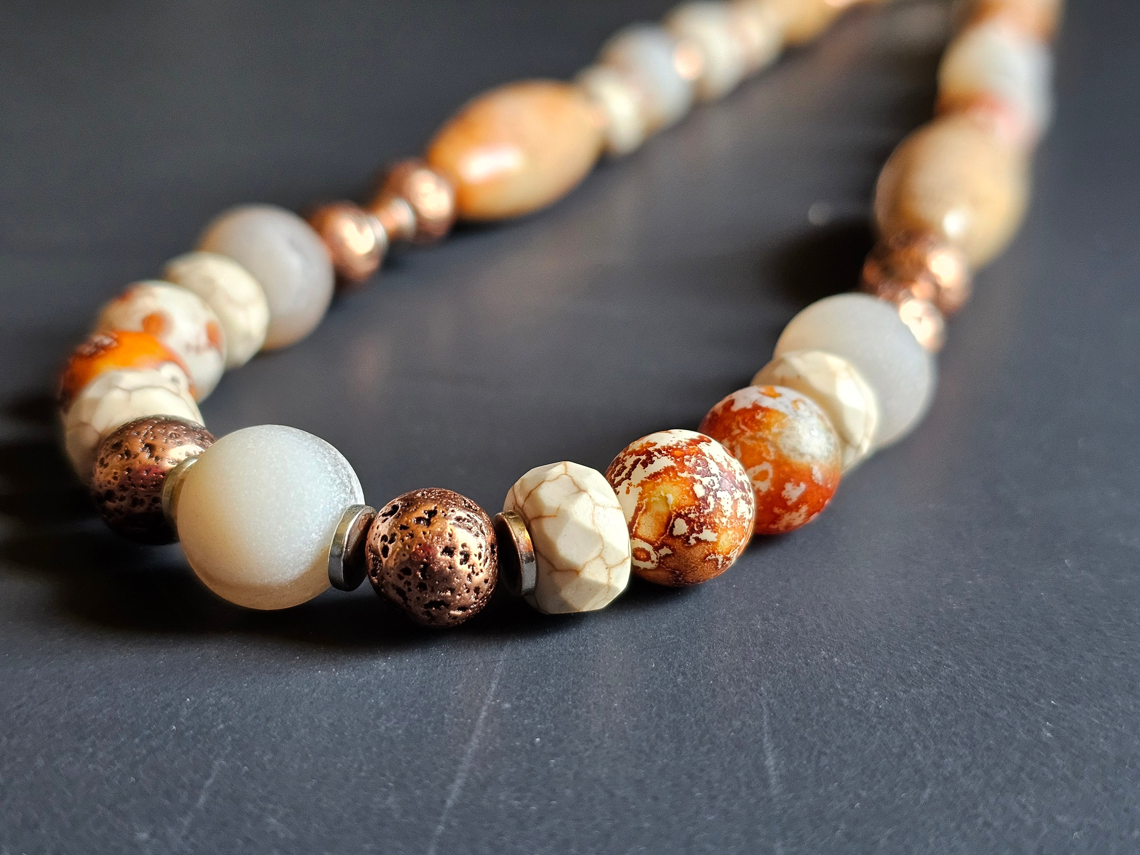Matte Spiderweb Jasper, Ivory Howlite, & Sunstone ft. Peach Druzy & Rose Gold-toned Lava Rock