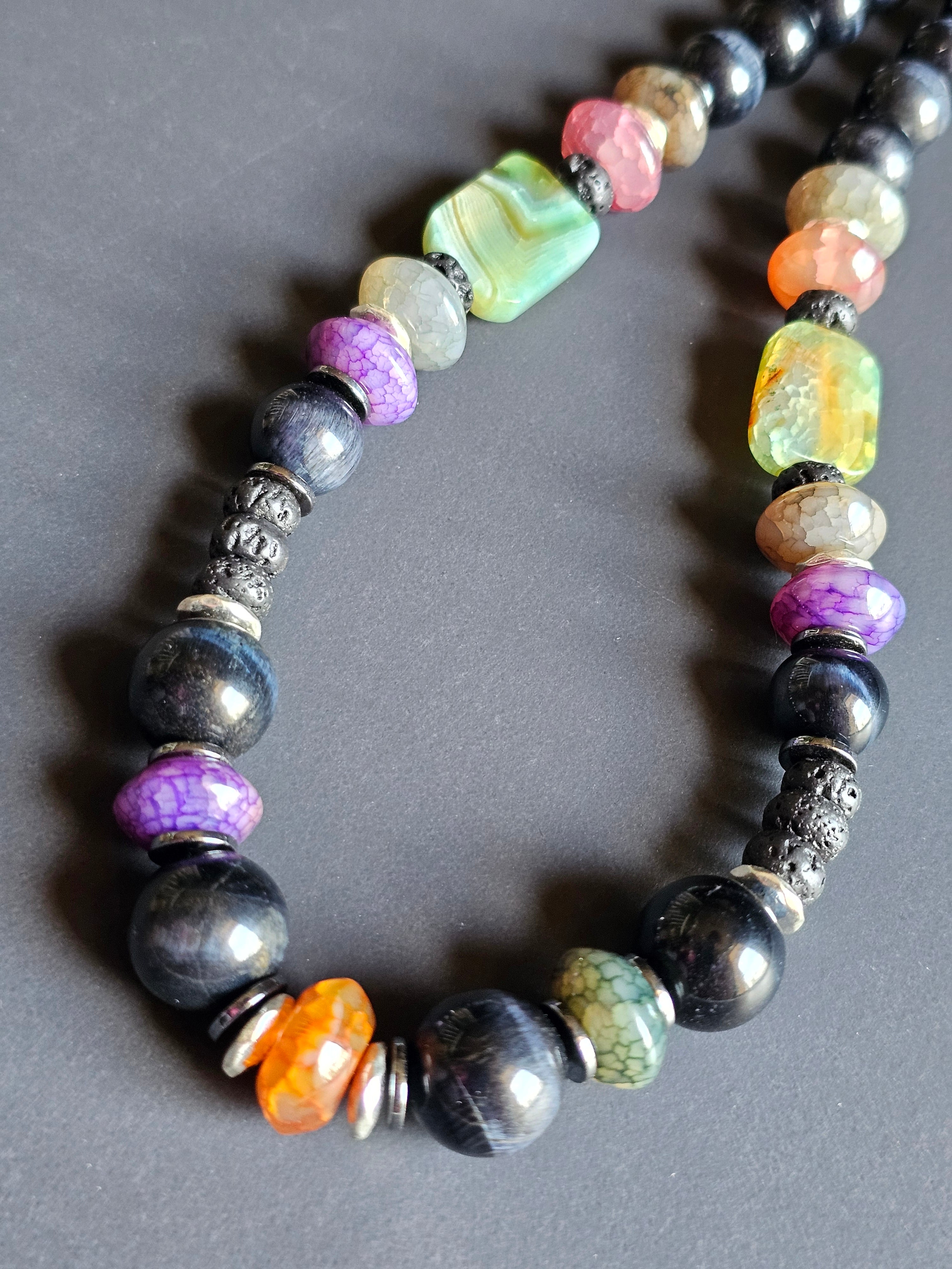 Falcons Eye, Multi-colored Crackle Quartz, Agate, & Black Lava Rock
