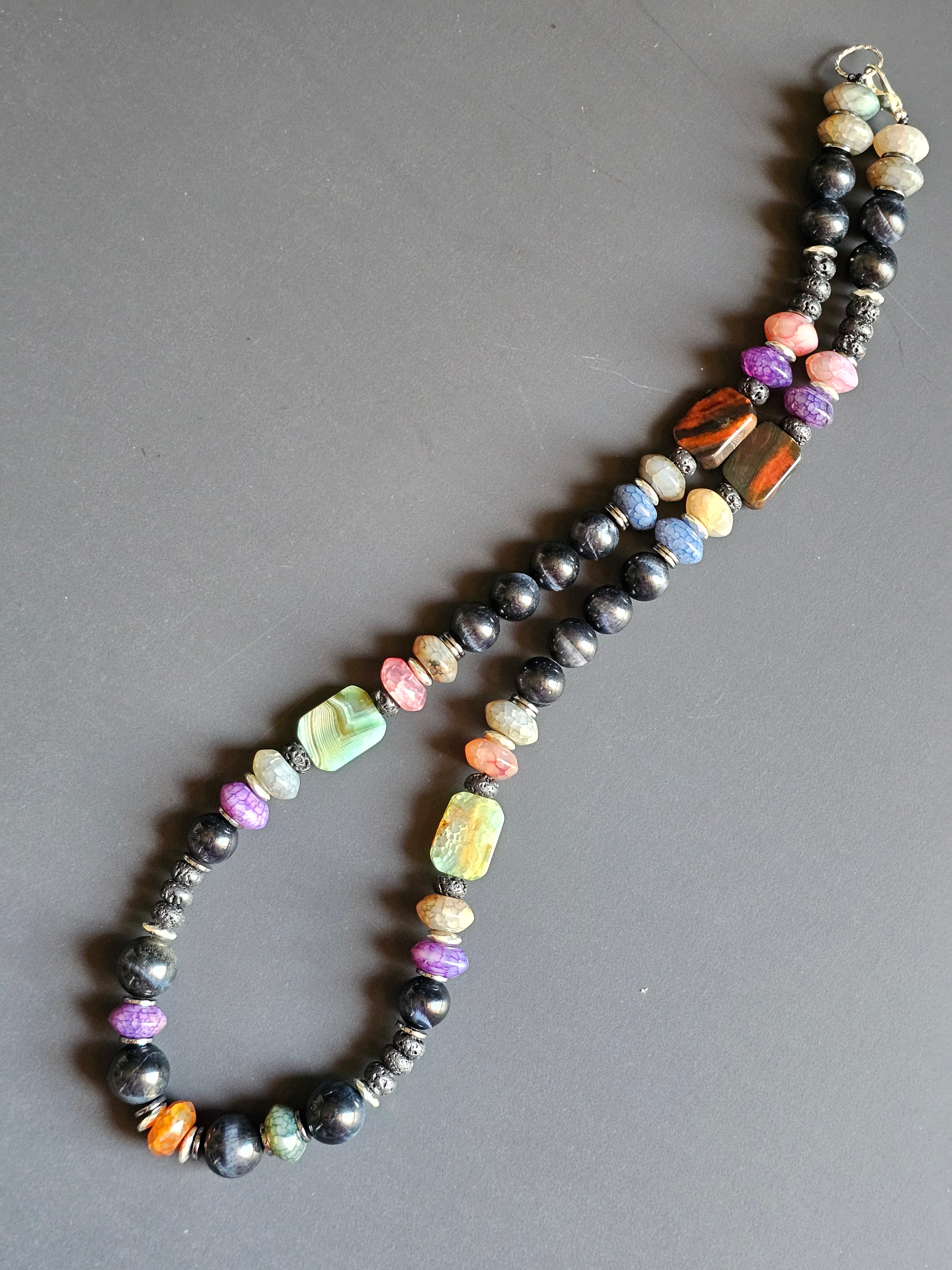 Falcons Eye, Multi-colored Crackle Quartz, Agate, & Black Lava Rock