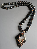 Falcon's Eye, Matte Onyx, Banded Agate, ft. Copper-wrapped Black Agate Druzy Pendant