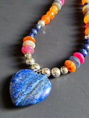 Multi-Colored Crackle Quartz, Faceted Lapis Lazuli & Hematite ft. Lapis Lazuli Heart Pendant