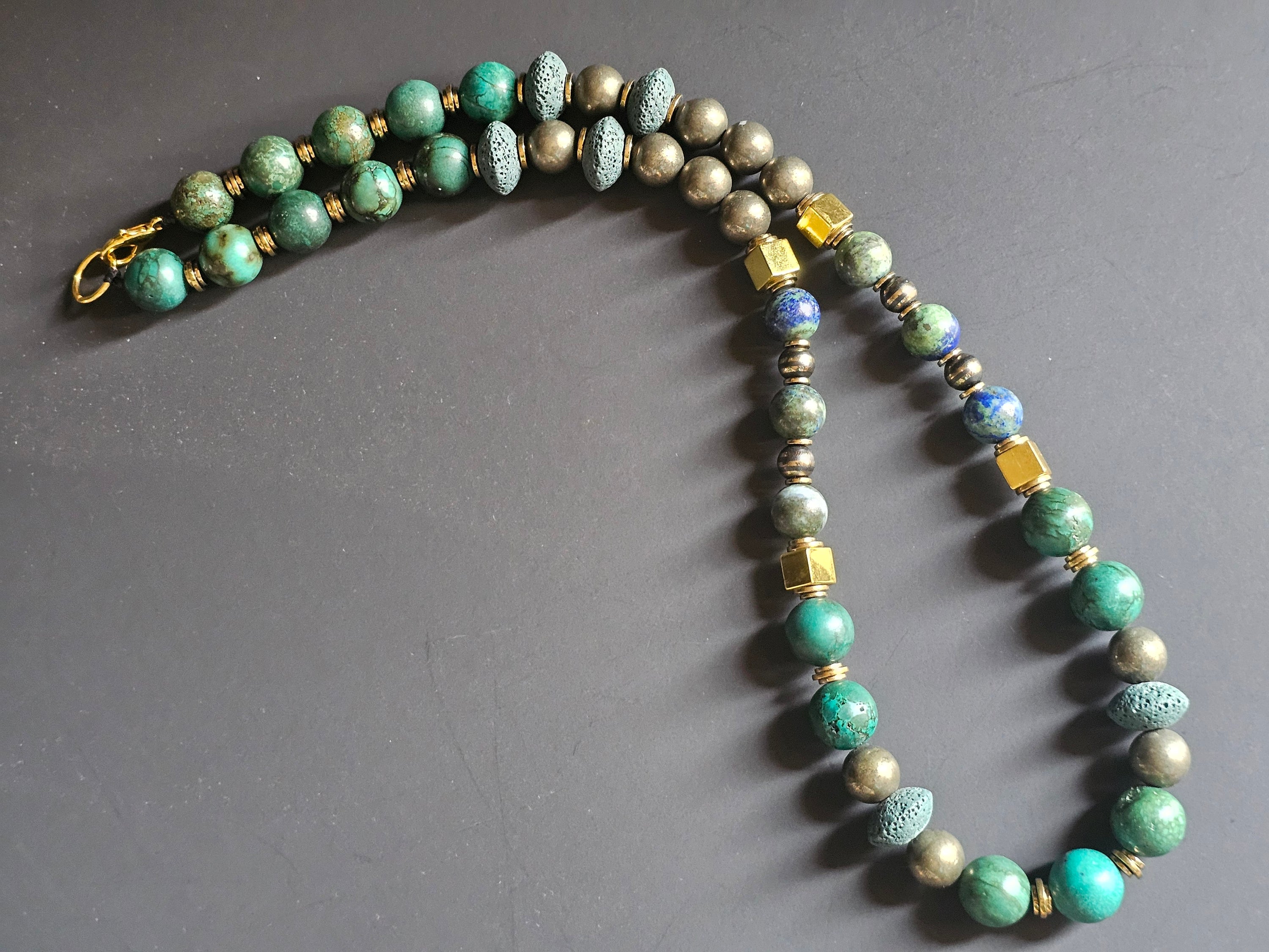 Chrysocolla, Pyrite & Lava Rock ft. Azurmalachite & Gold Cubed Hematite