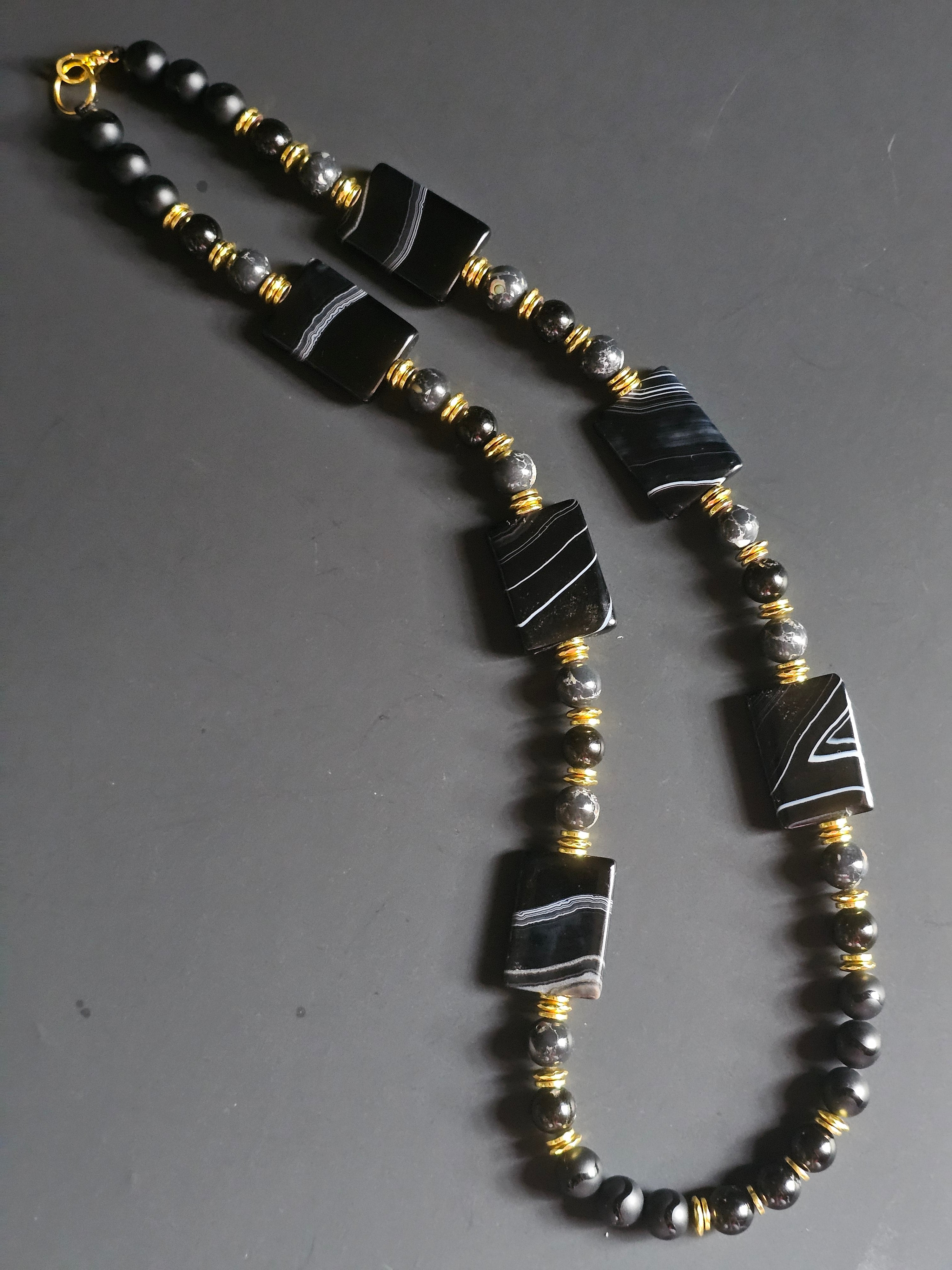Matte Onyx & Grey Reconstructed Shell ft. Black Agate & Gold Hematite