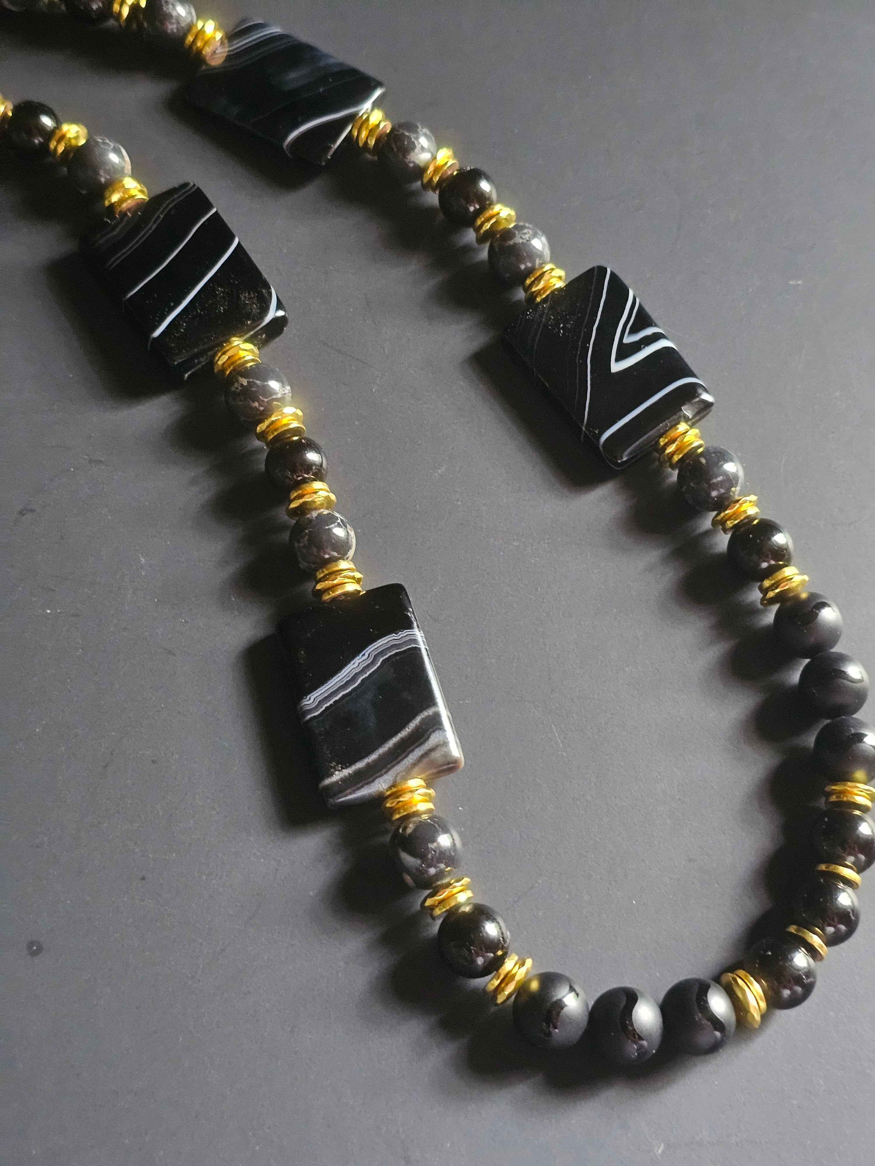 Matte Onyx & Grey Reconstructed Shell ft. Black Agate & Gold Hematite