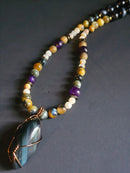 Blue Tigers Eye ft. Amazonite, Purple Jade, Falcon's Eye, & Blue Copper-wrapped Pendant