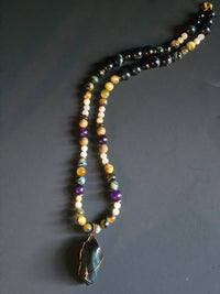 Blue Tigers Eye ft. Amazonite, Purple Jade, Falcon's Eye, & Blue Copper-wrapped Pendant