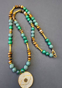 Malachite, Green Lava Rock, Tigers Eye, & Hematite ft. Nazar Pendant