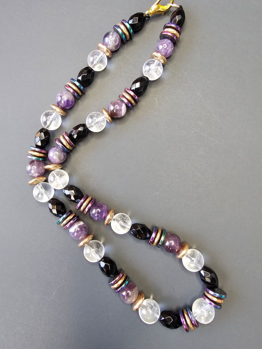 Clear Quartz, Faceted Onyx, Dream Amethyst ft. Iridescent Hematite