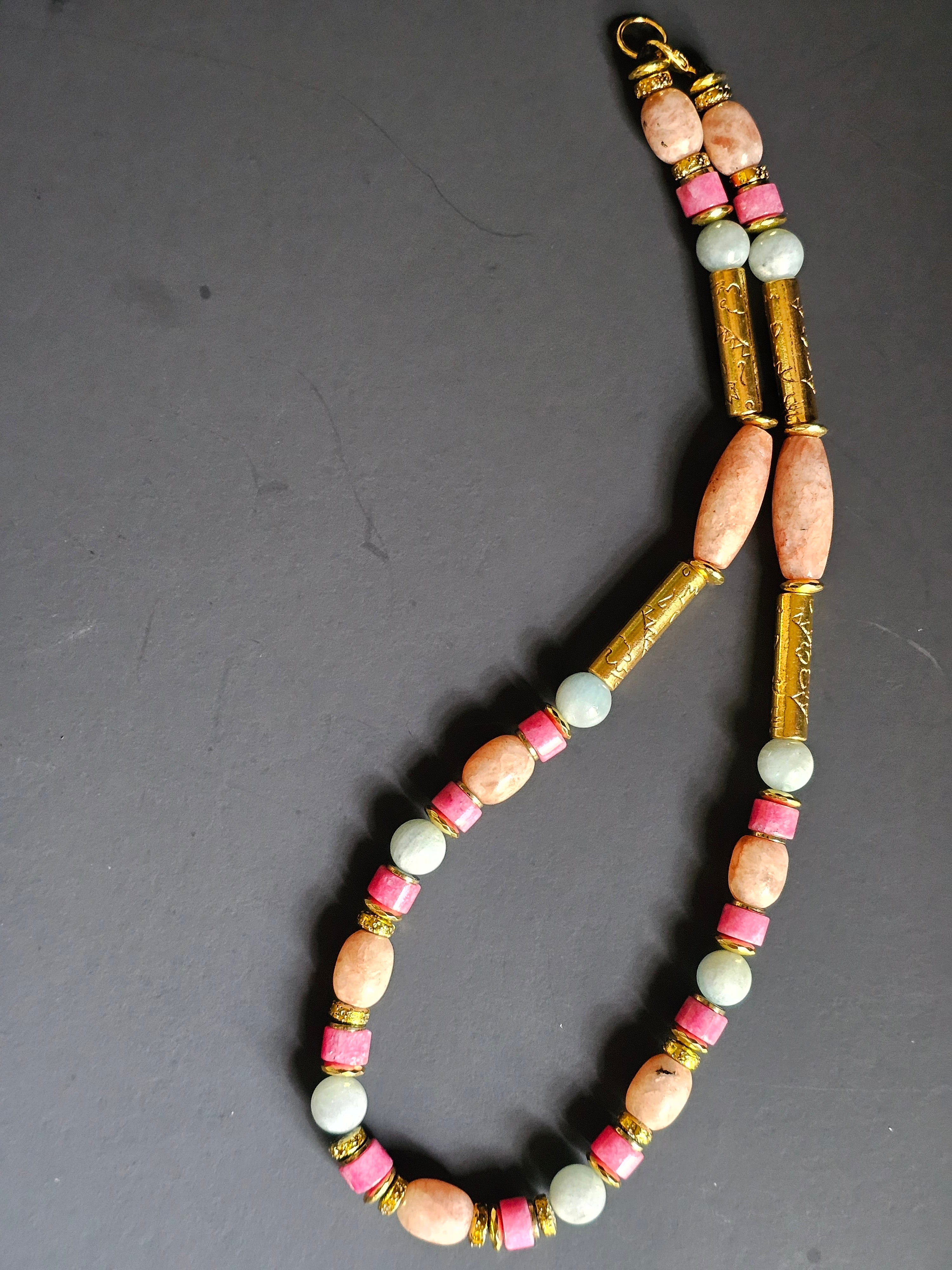 Sunstone, Strawberry Quartz & Aquamarine ft. Gold-plated Lava Rock & Gold Hematite