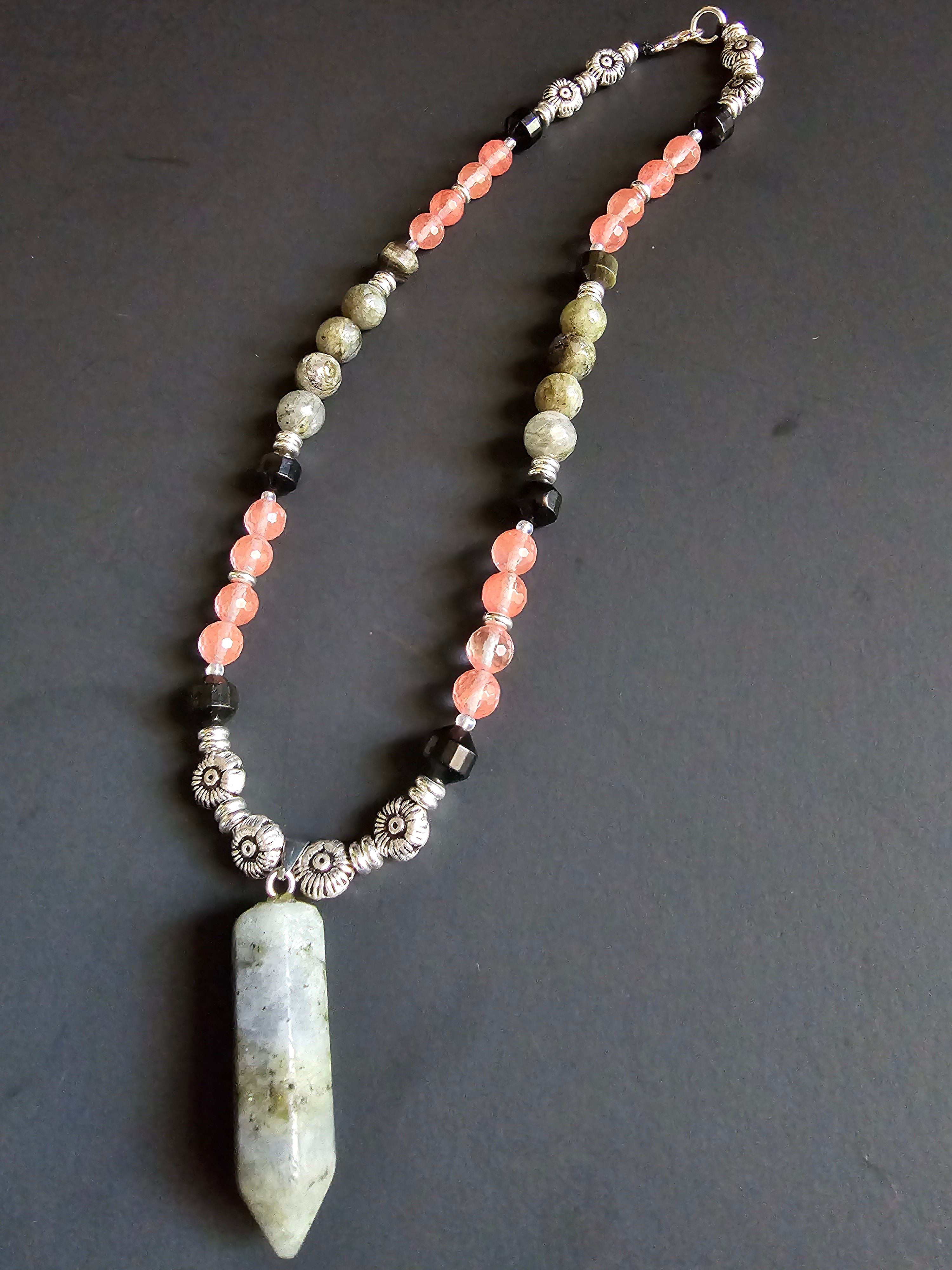 Pink Quartz & Labradorite ft. Lantern Cut Obsidian & Labradorite Pendant