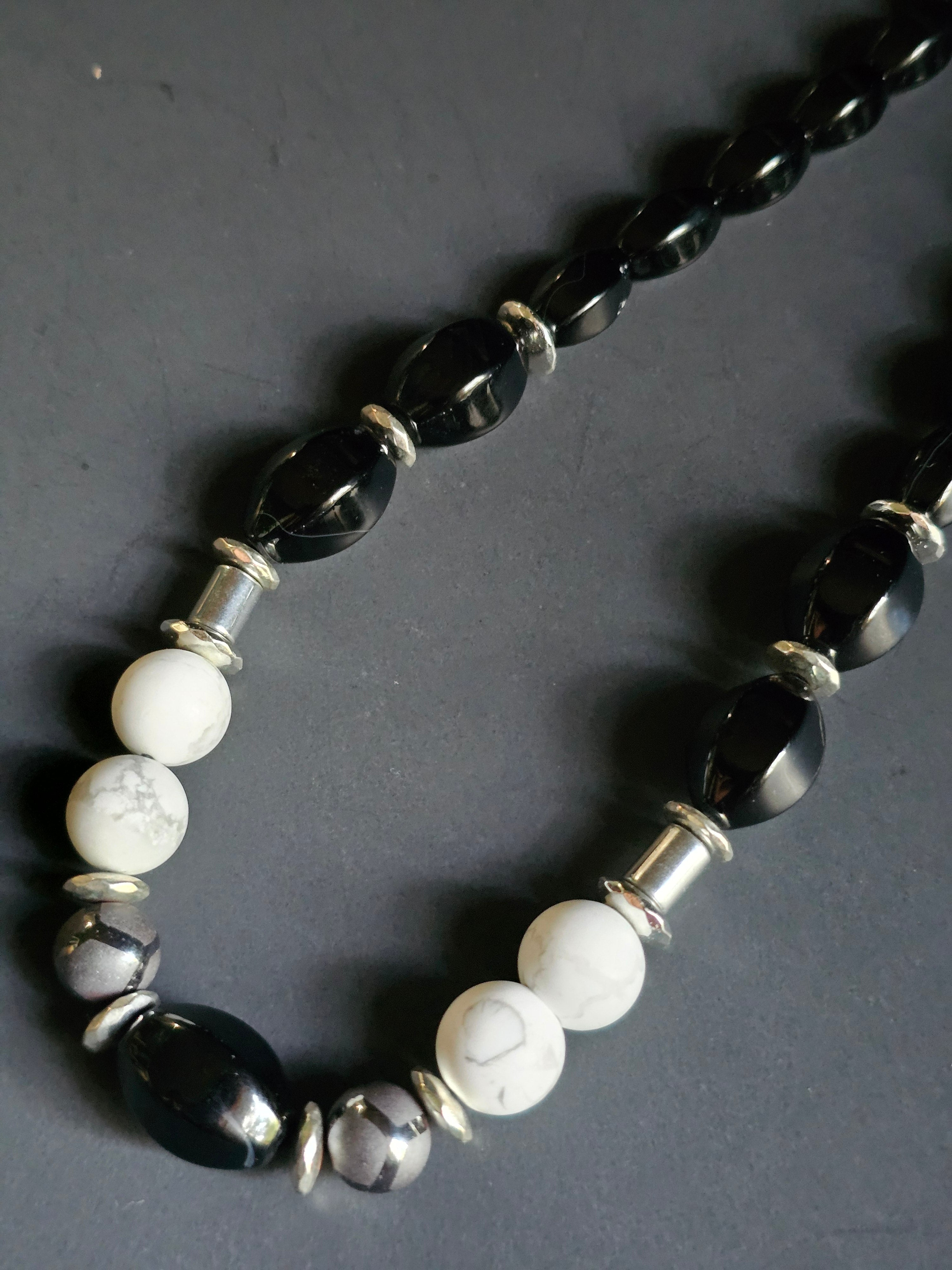 Faceted Onyx ft. White Howlite & Striped Silver Hematite