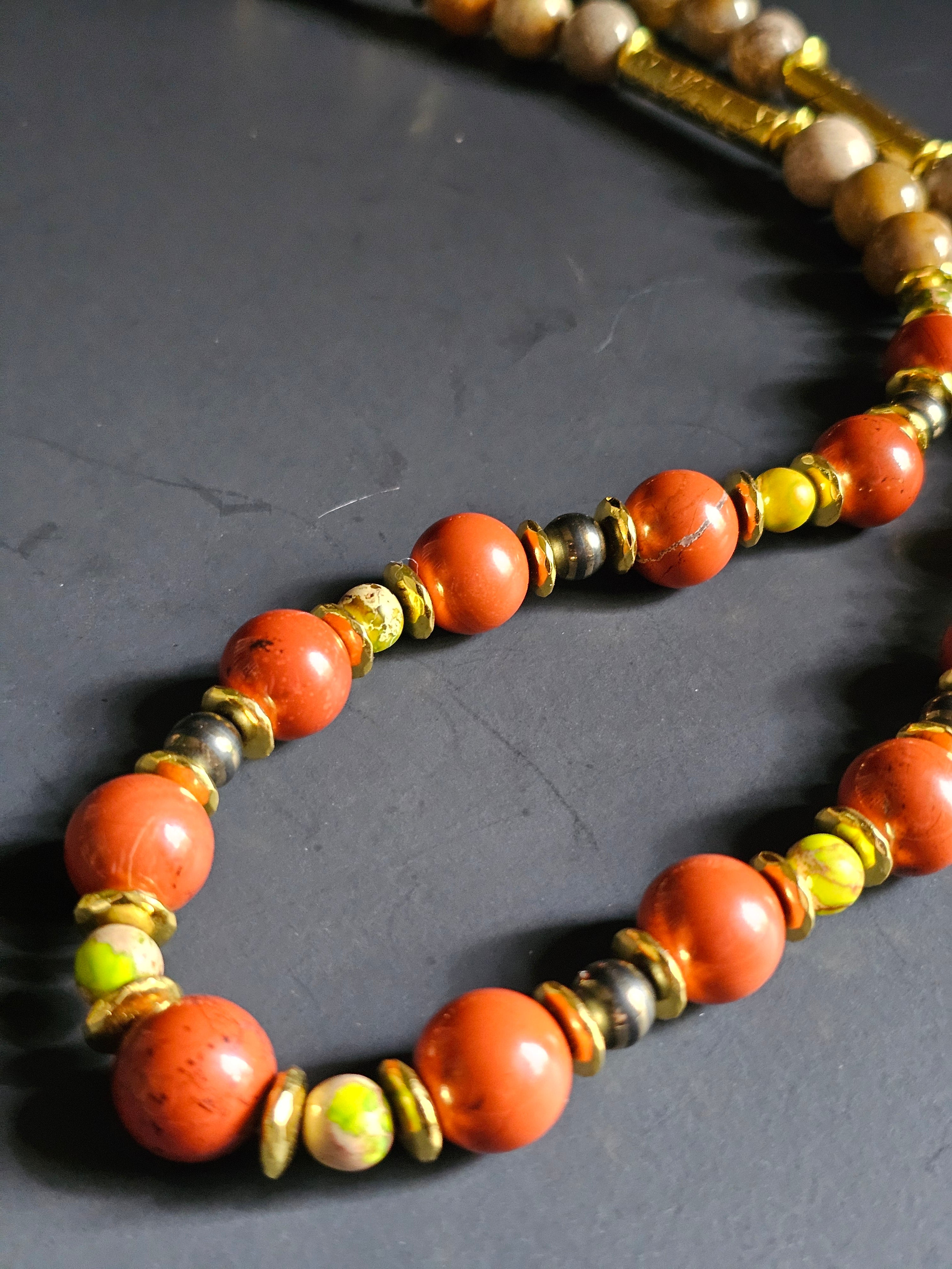 Red Jasper ft. Green Jasper, Striped Black/Gold Hematite & Fossilized Coral