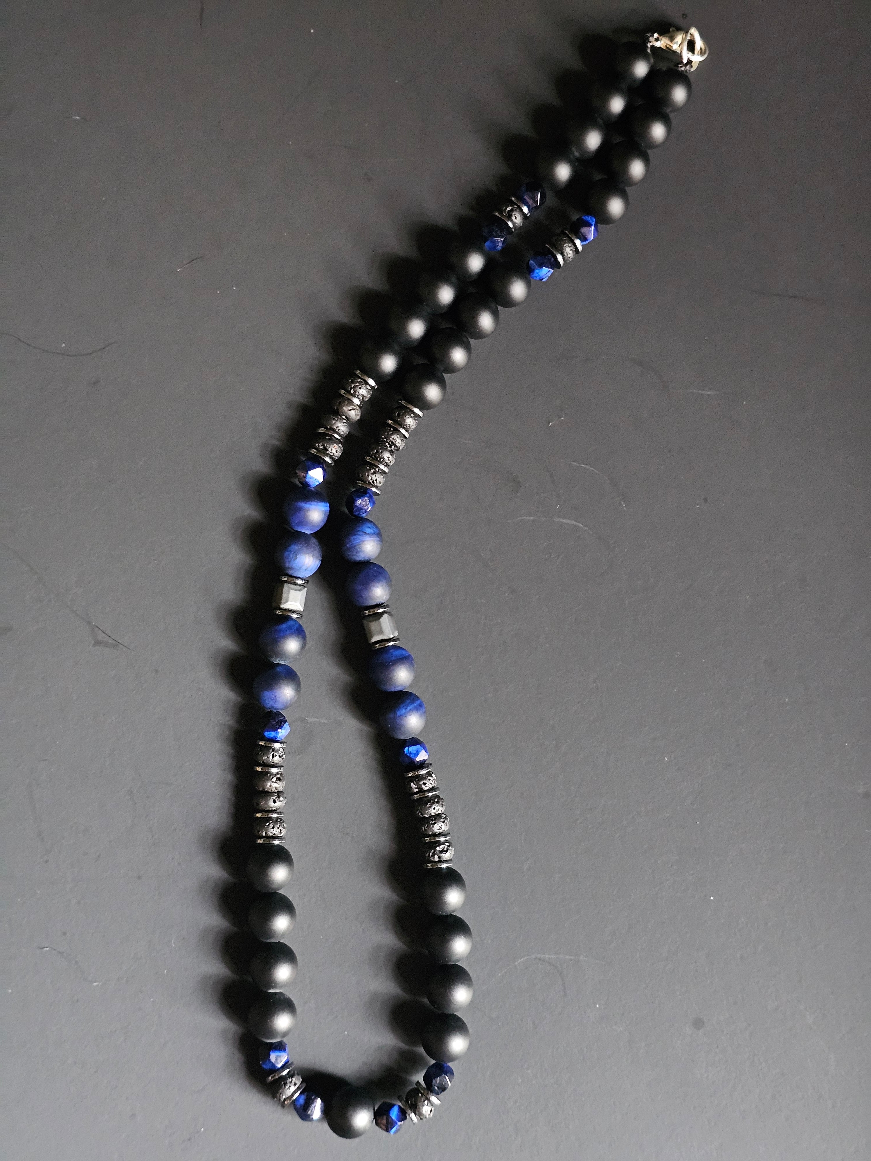 Matte Onyx & Blue Tigers Eye ft. Grey Druzy & Silver Hematite