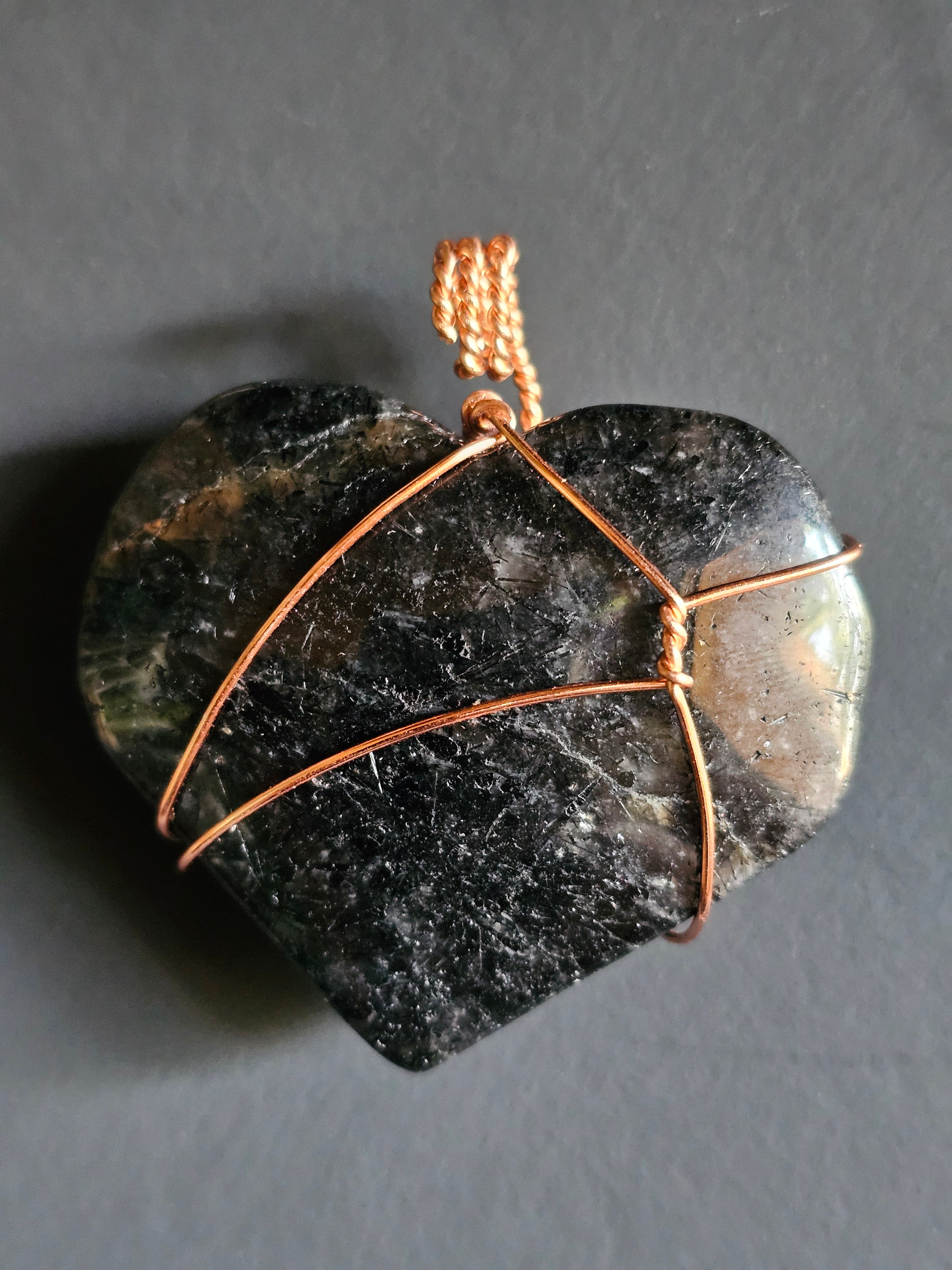 Copper-wrapped Black Tourmaline Heart Pendant