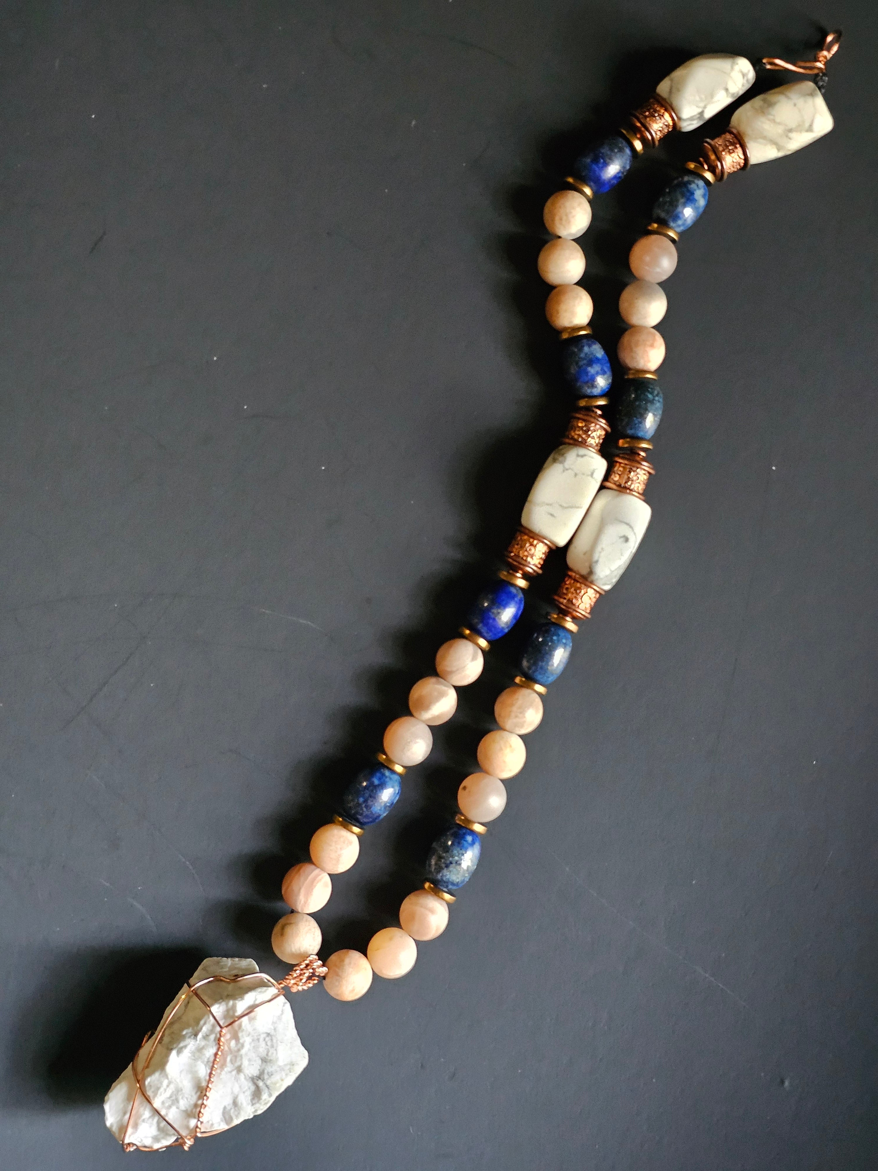 Matte Sunstone ft. Lapis Lazuli, White Howlite Nuggets, & White Howlite Pendant