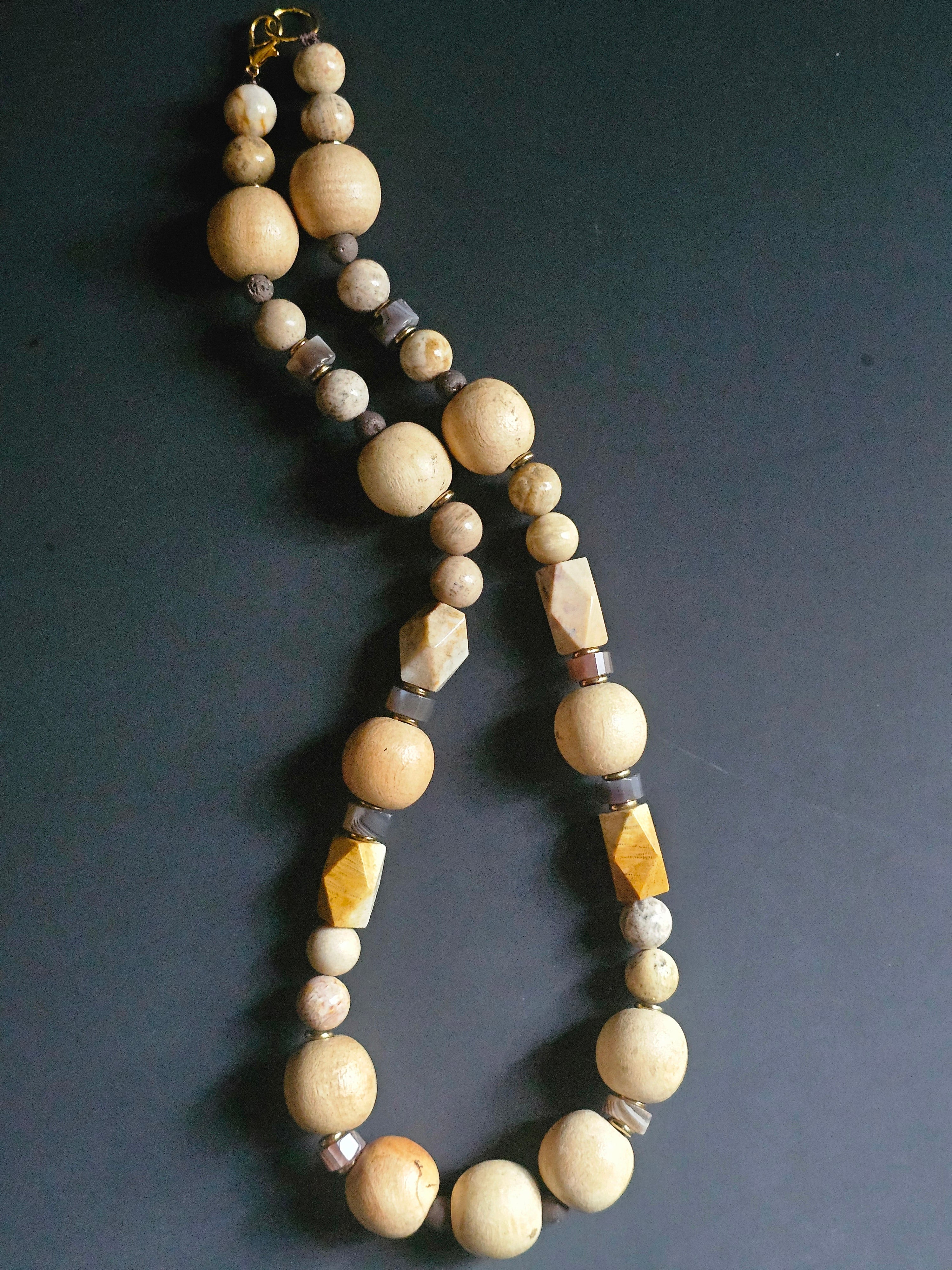 Cream Wood Bead & Fossilized Coral ft. Crazy Lace Agate & Chocolate Druzy