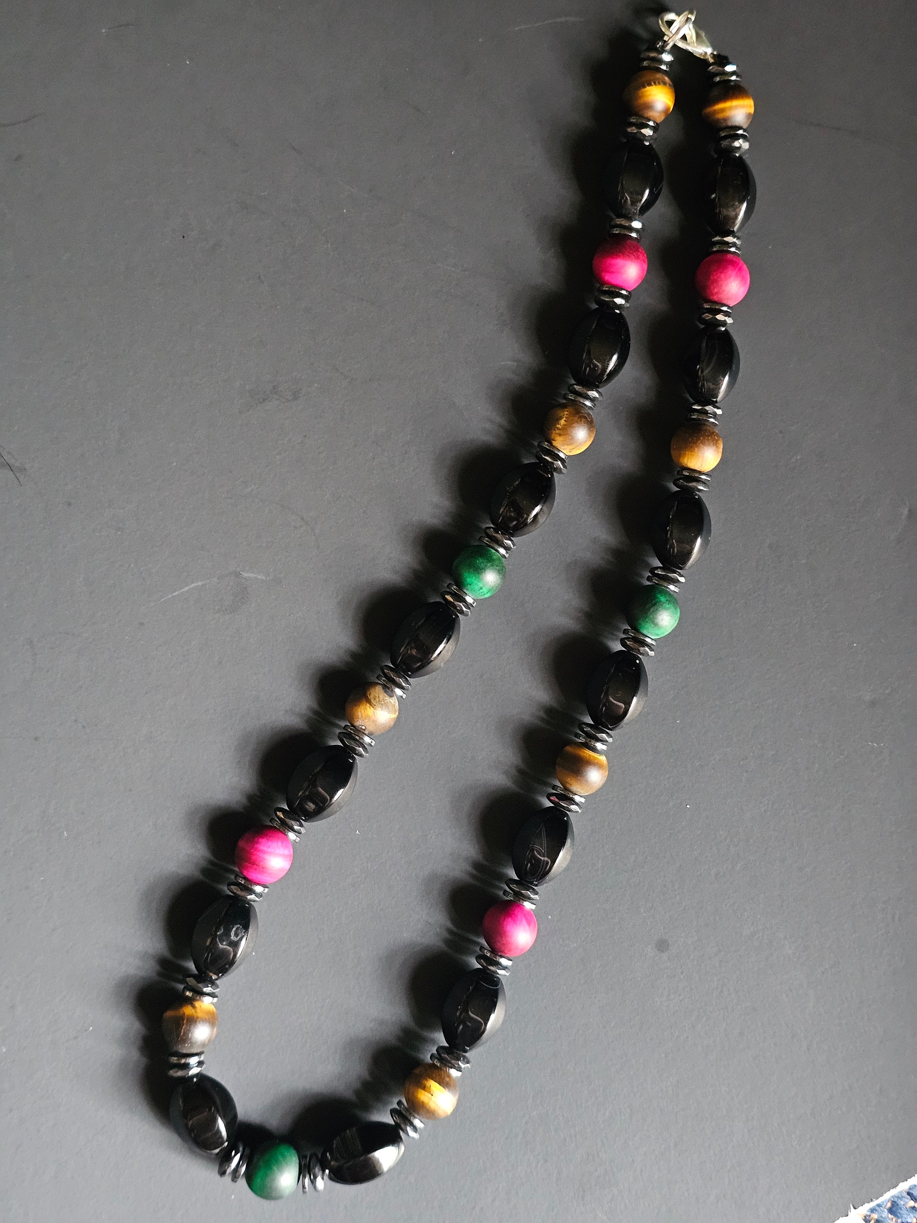 Matte Multi-colored Tigers Eye, Faceted Onyx ft. Silver Hematite