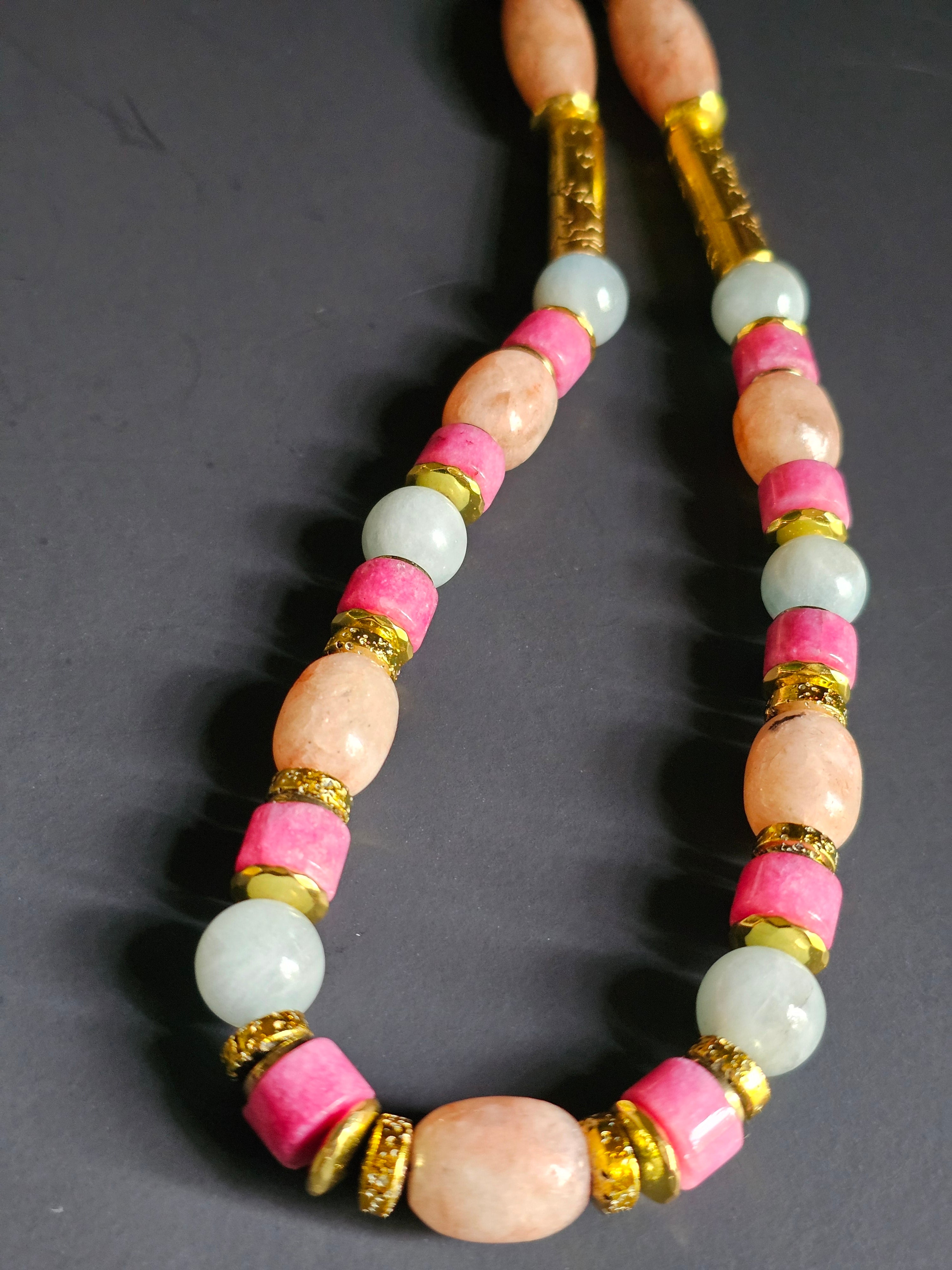 Sunstone, Strawberry Quartz & Aquamarine ft. Gold-plated Lava Rock & Gold Hematite