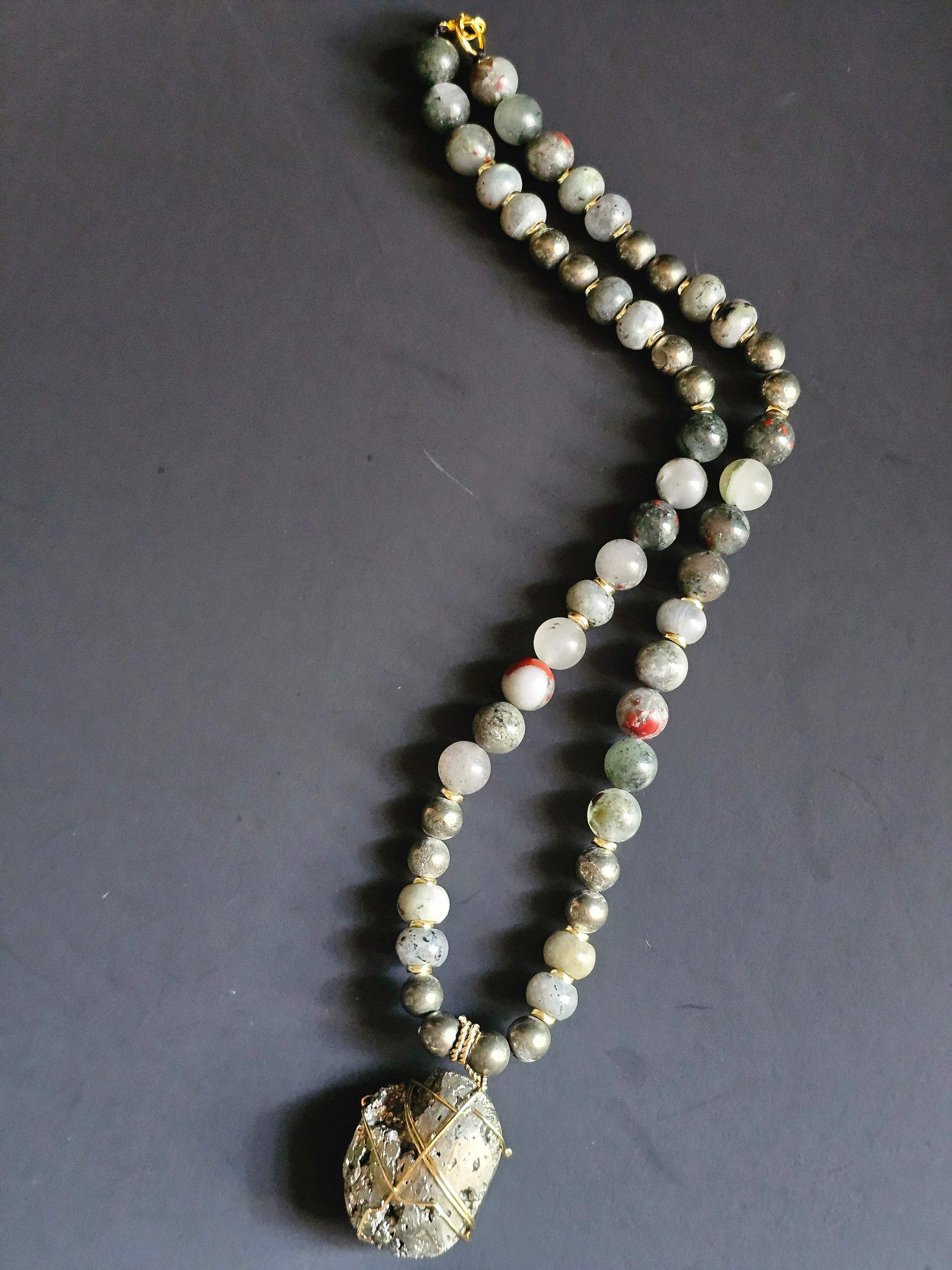Bloodstone ft. Labradorite, Pyrite, & Copper-wrapped Pyrite Pendant