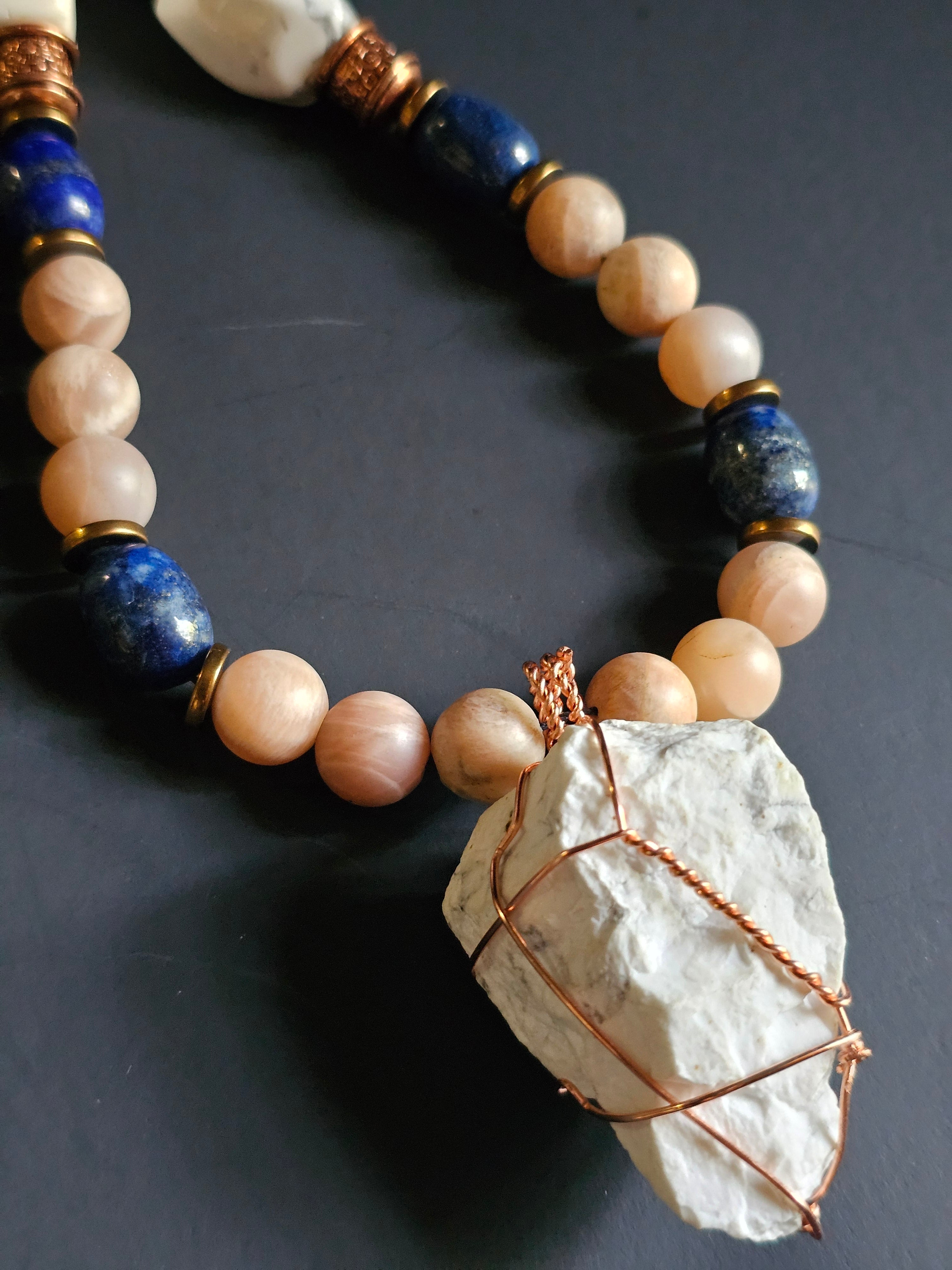Matte Sunstone ft. Lapis Lazuli, White Howlite Nuggets, & White Howlite Pendant