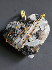 Copper-wrapped Rainbow Moonstone Heart Pendant