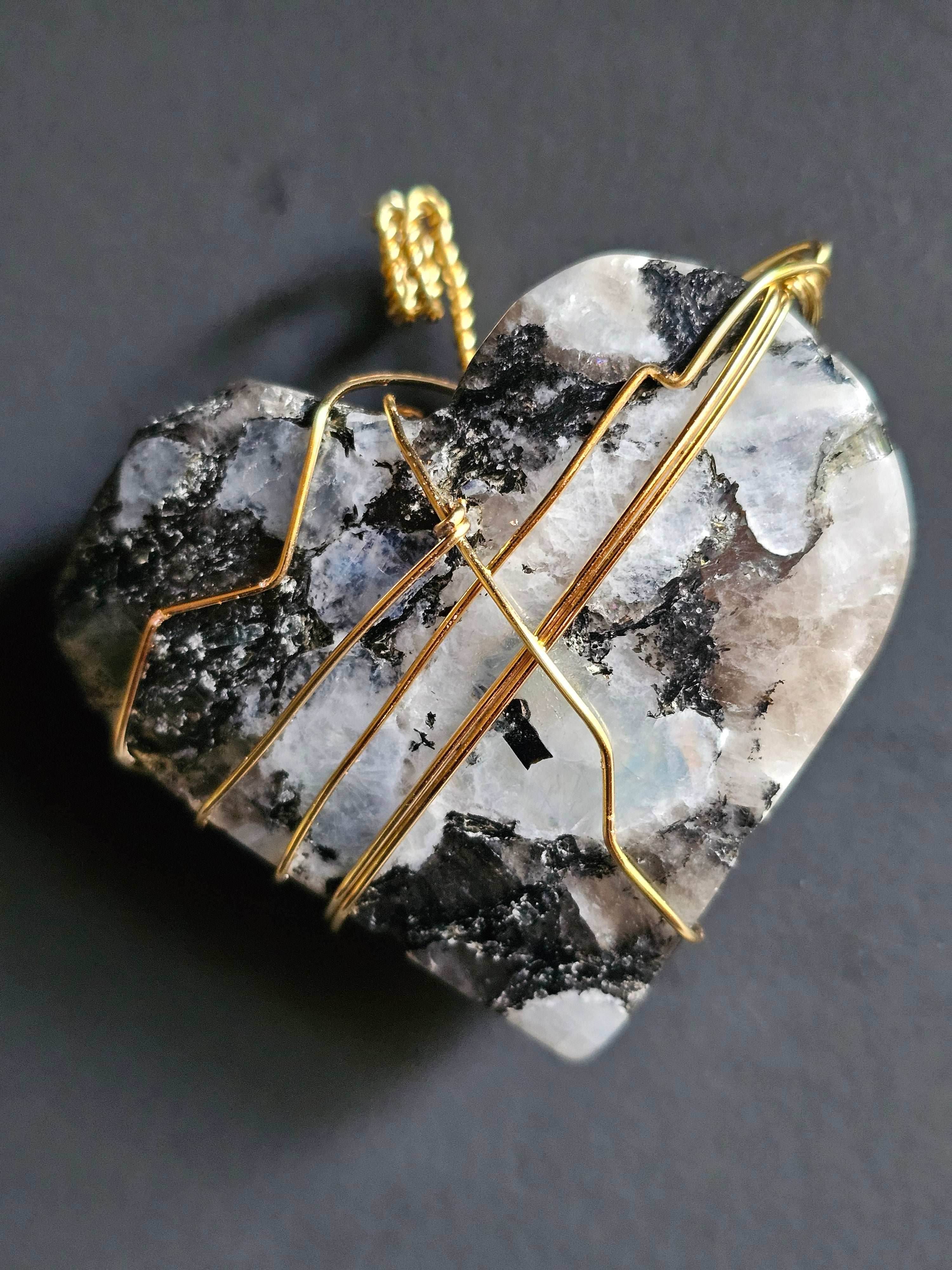 Copper-wrapped Rainbow Moonstone Heart Pendant