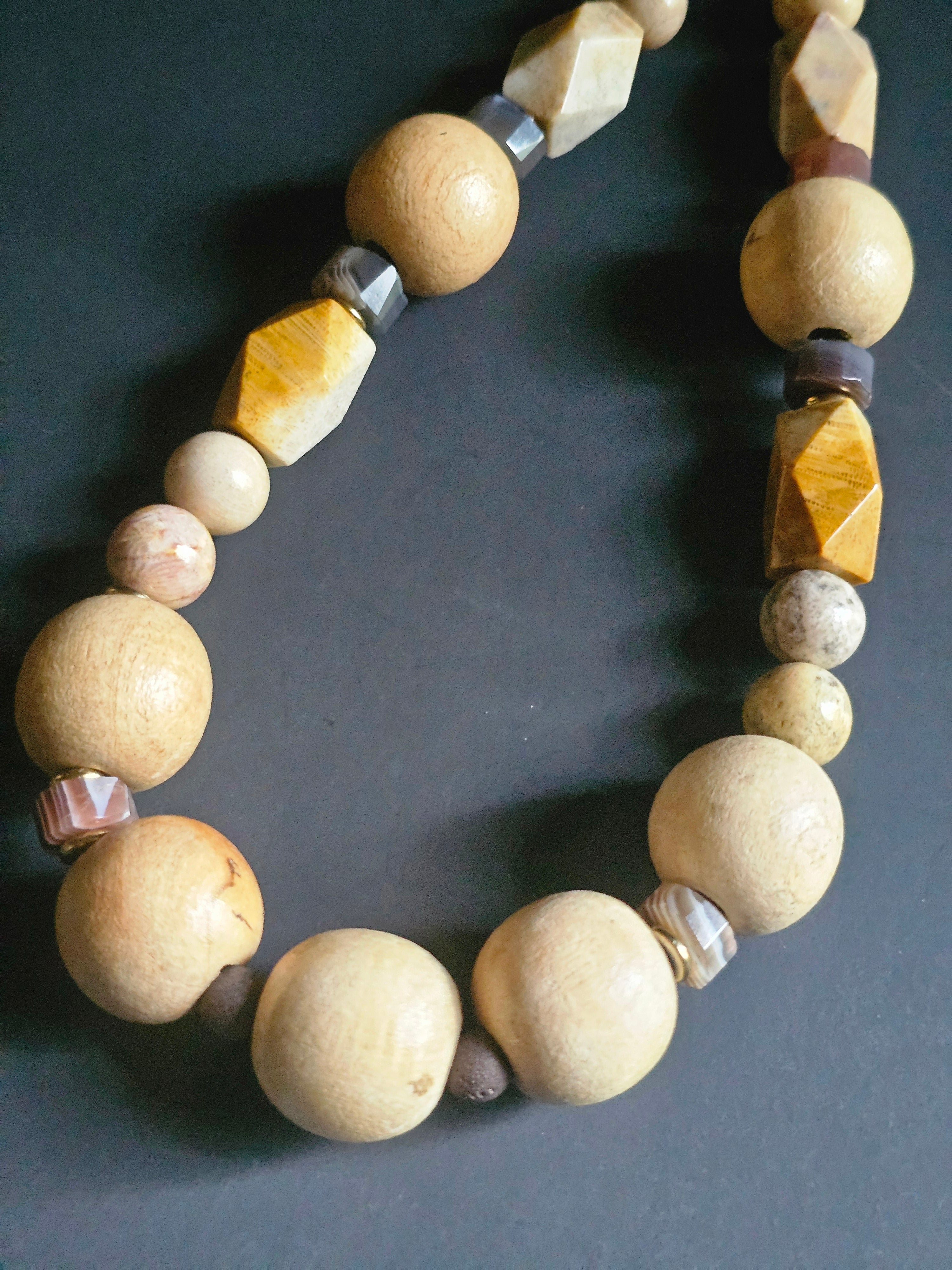 Cream Wood Bead & Fossilized Coral ft. Crazy Lace Agate & Chocolate Druzy