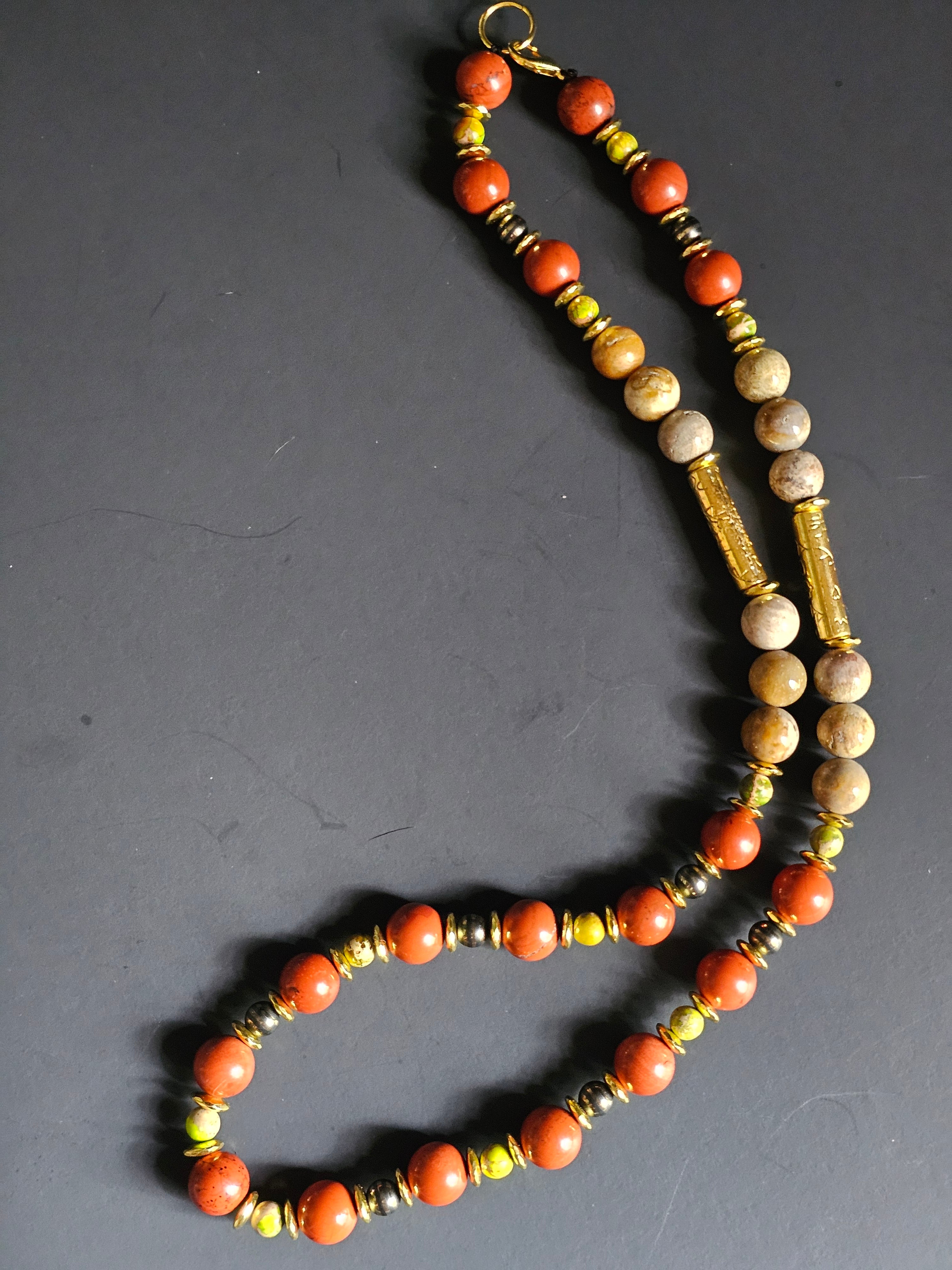 Red Jasper ft. Green Jasper, Striped Black/Gold Hematite & Fossilized Coral